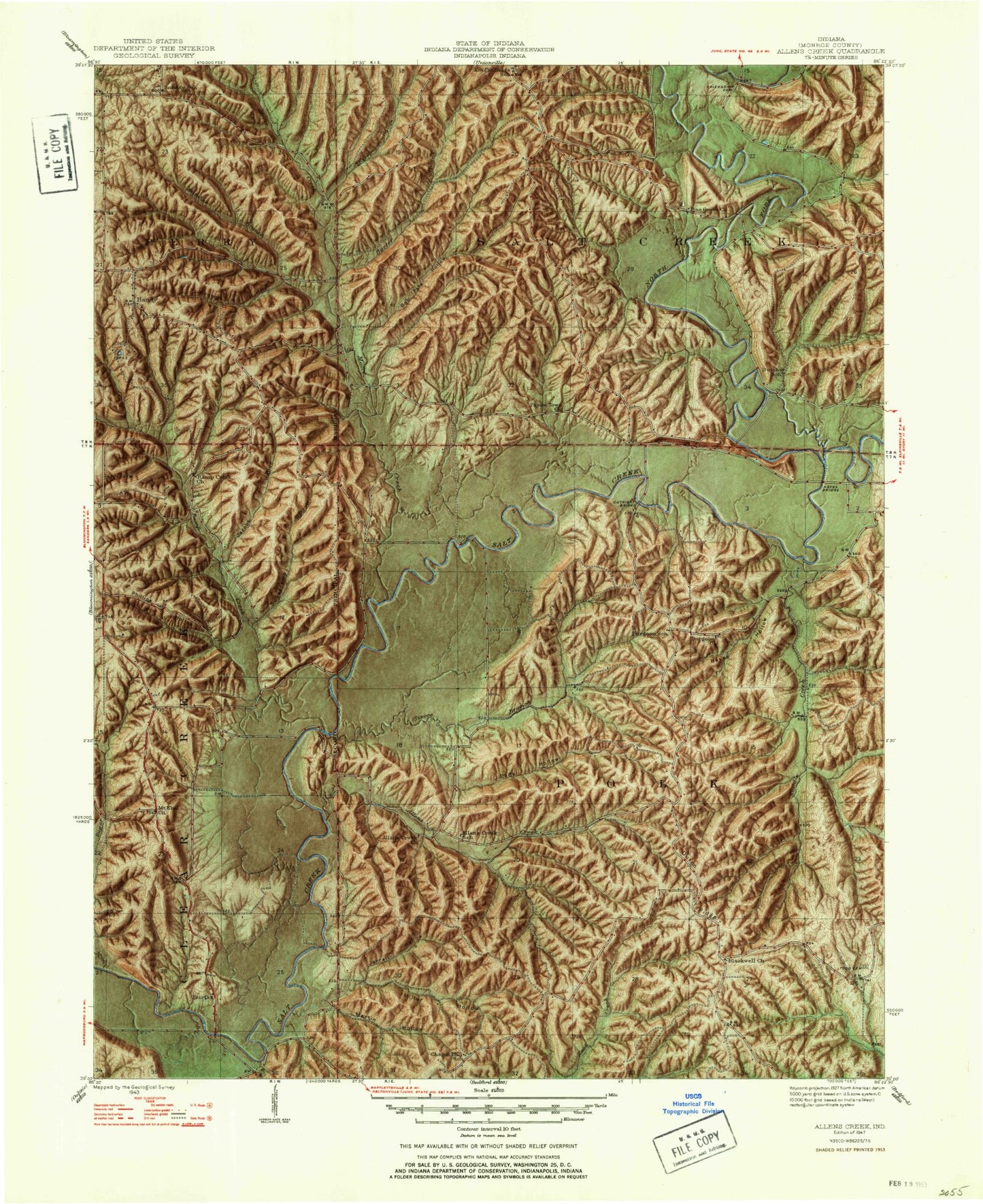 Classic USGS Allens Creek Indiana 7.5'x7.5' Topo Map Image