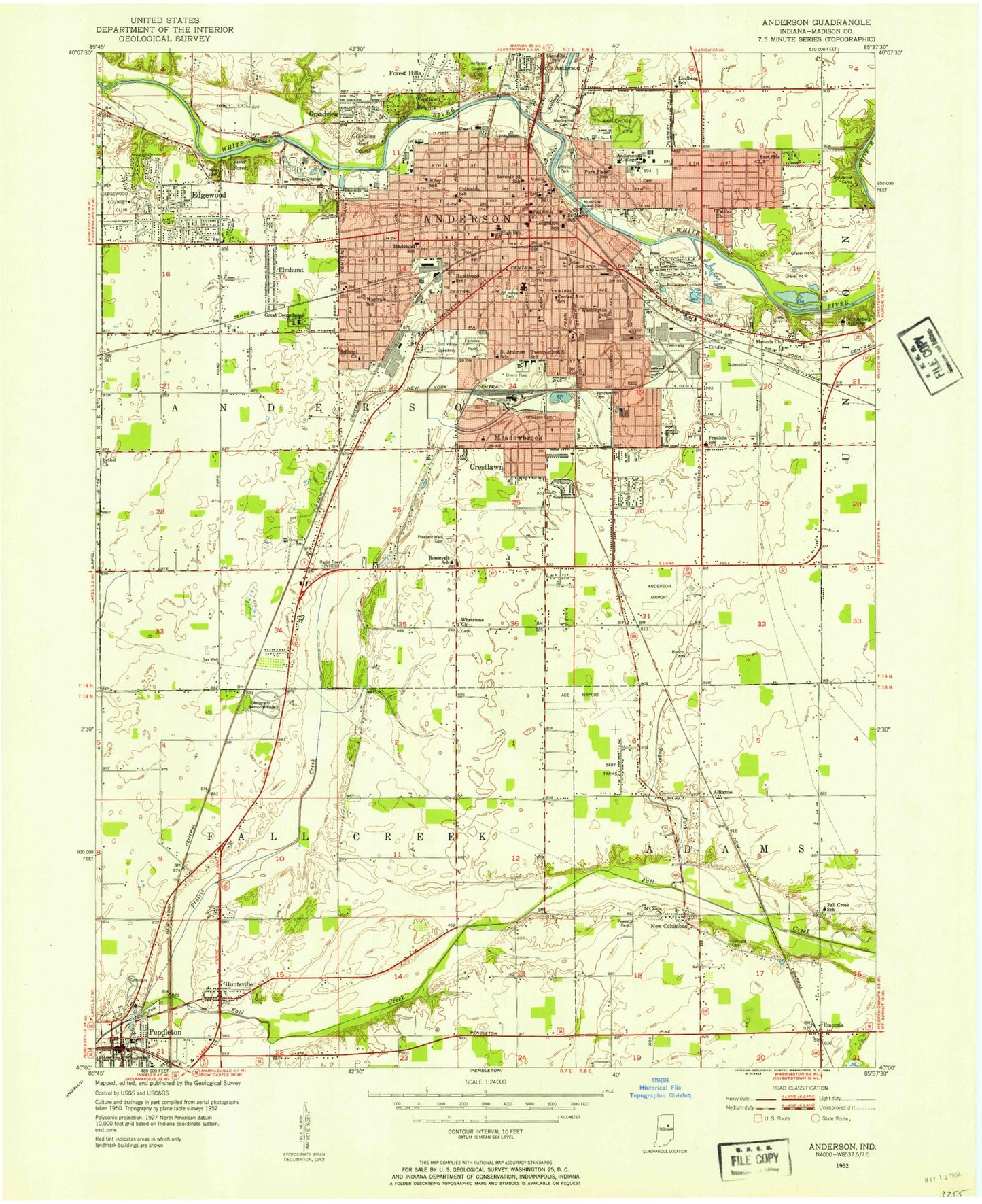 Classic USGS Anderson South Indiana 7.5'x7.5' Topo Map Image