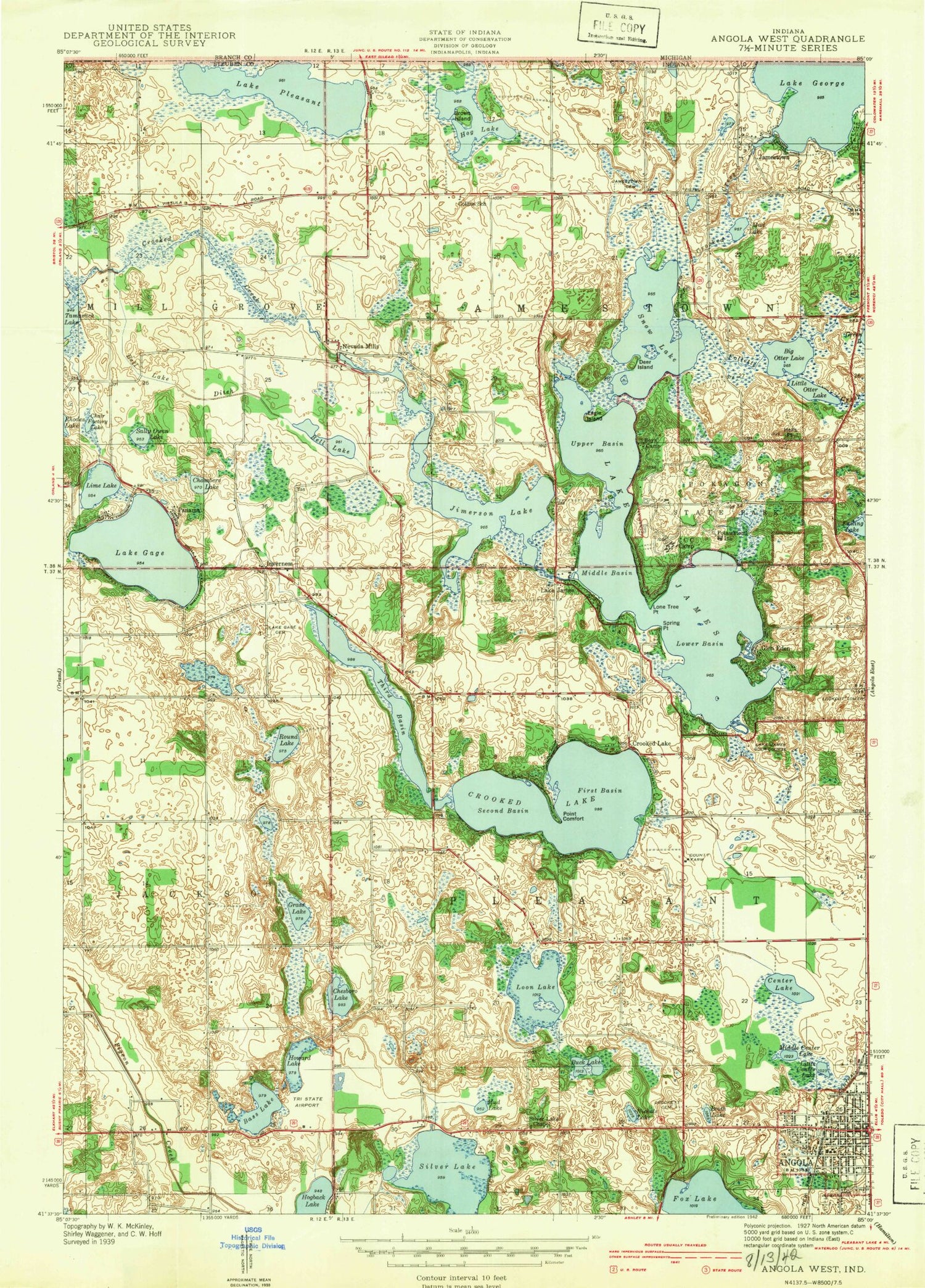 Classic USGS Angola West Indiana 7.5'x7.5' Topo Map Image