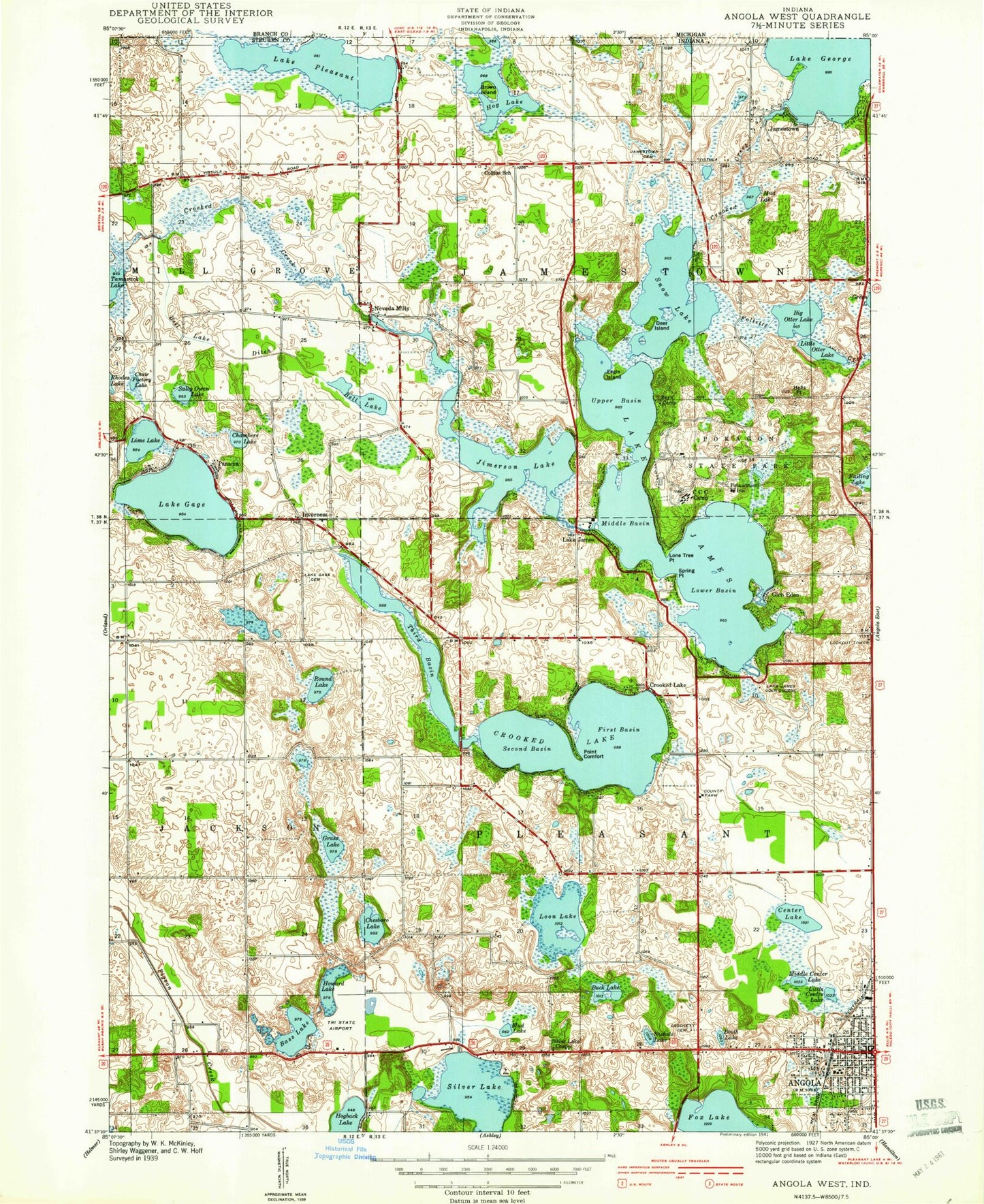 Classic USGS Angola West Indiana 7.5'x7.5' Topo Map Image