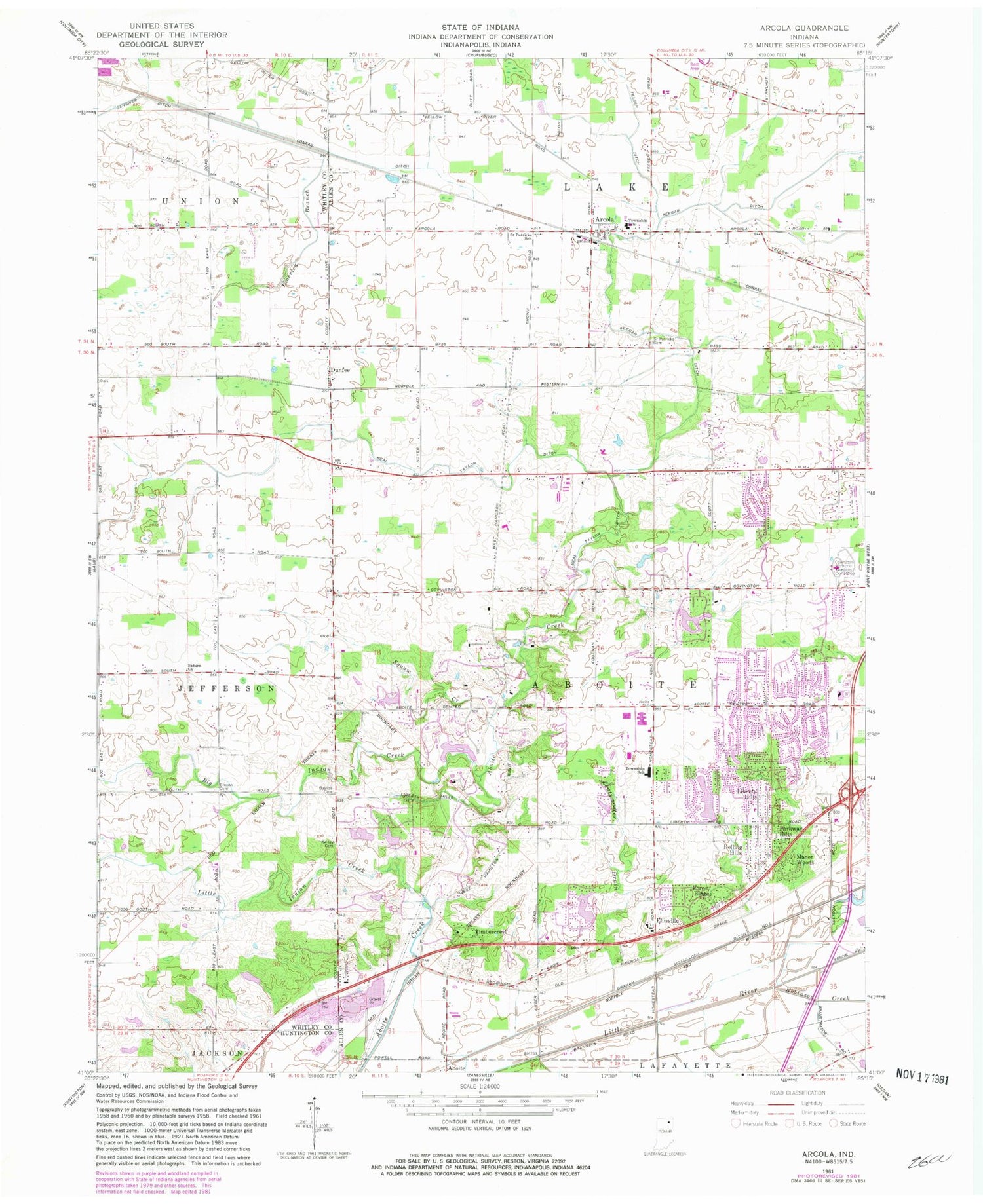 Classic USGS Arcola Indiana 7.5'x7.5' Topo Map Image