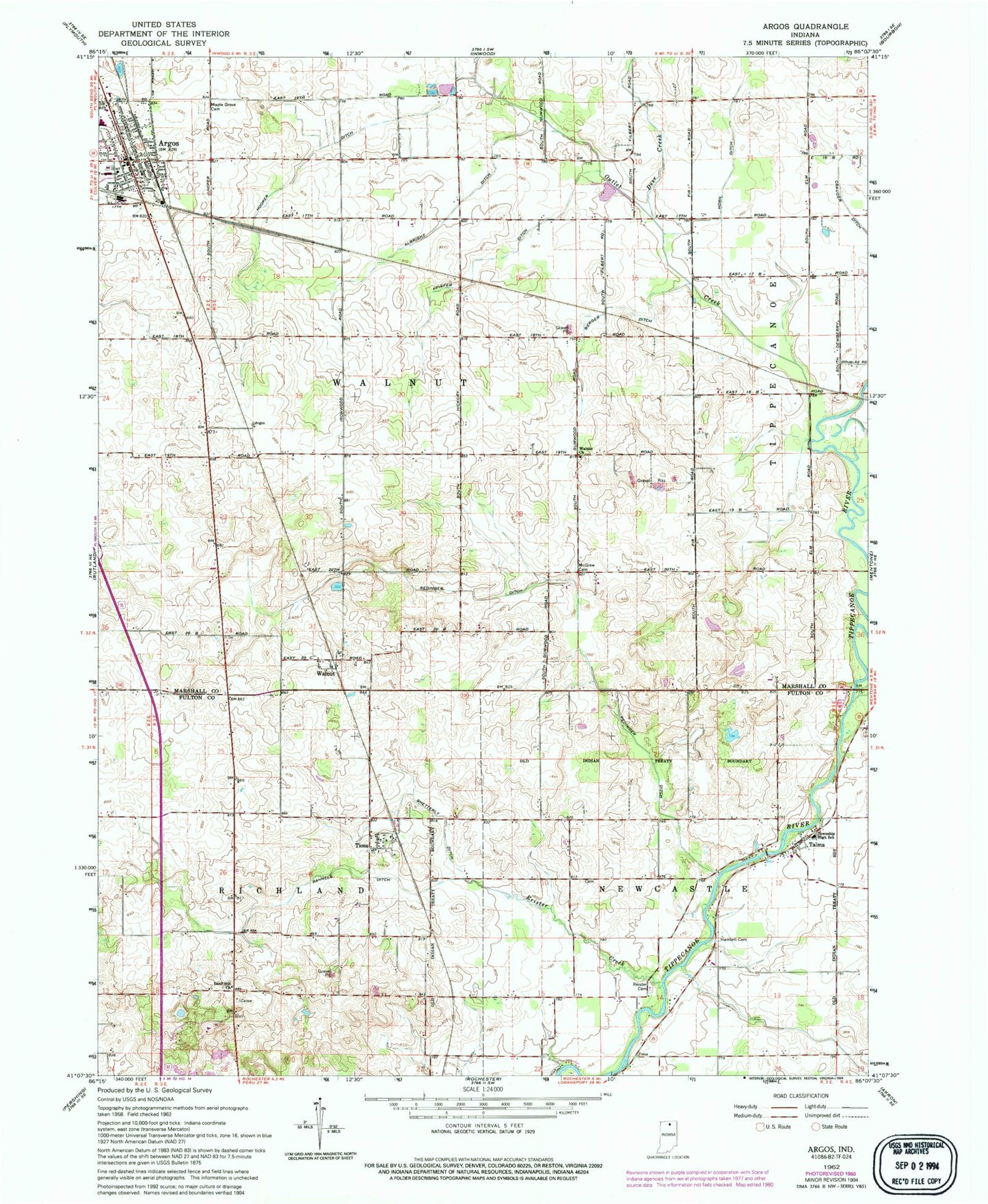 Classic USGS Argos Indiana 7.5'x7.5' Topo Map Image