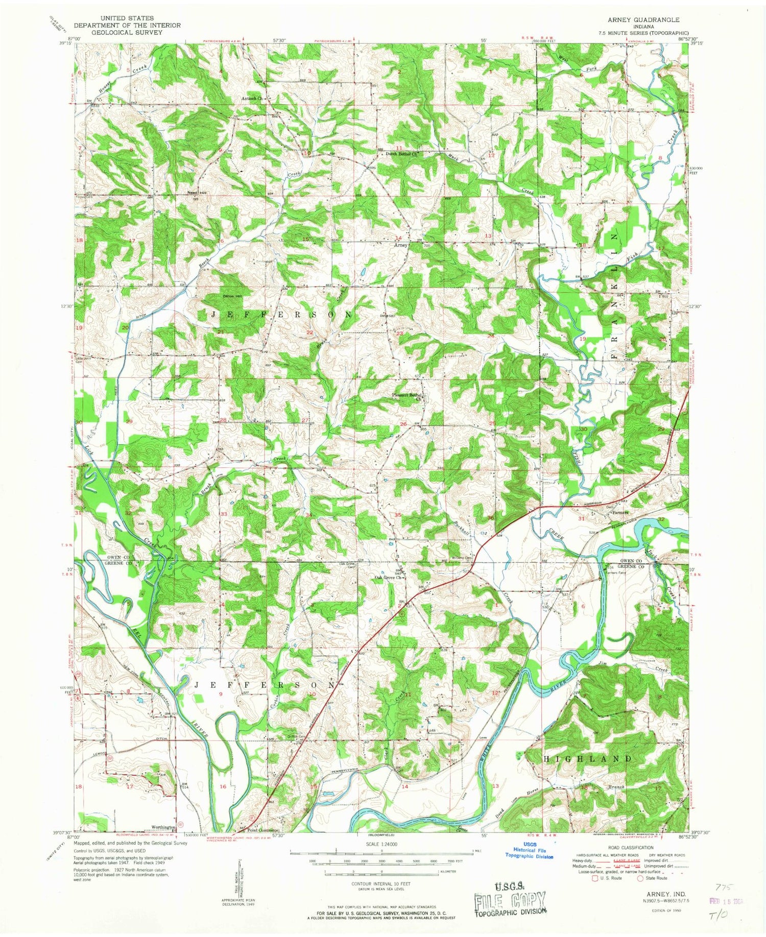 Classic USGS Arney Indiana 7.5'x7.5' Topo Map Image