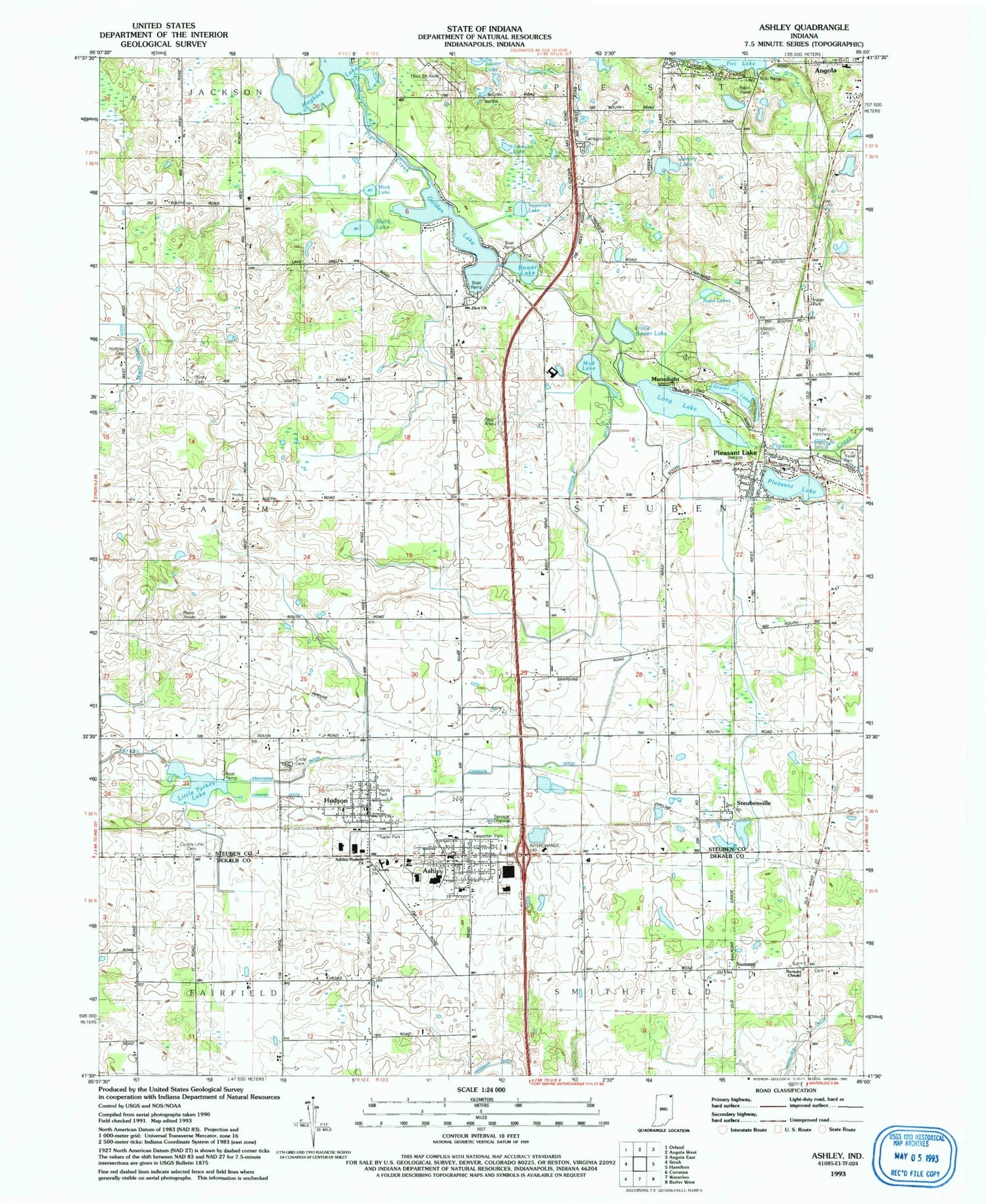 Classic USGS Ashley Indiana 7.5'x7.5' Topo Map Image