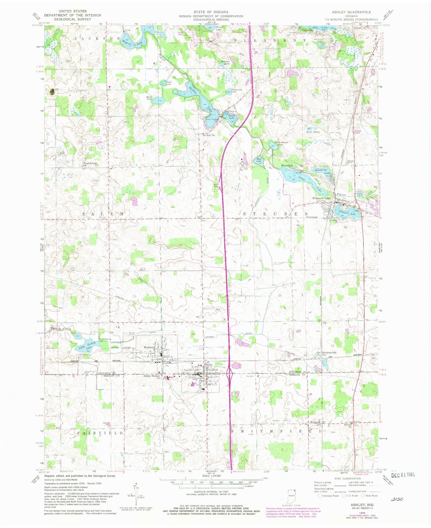Classic USGS Ashley Indiana 7.5'x7.5' Topo Map Image