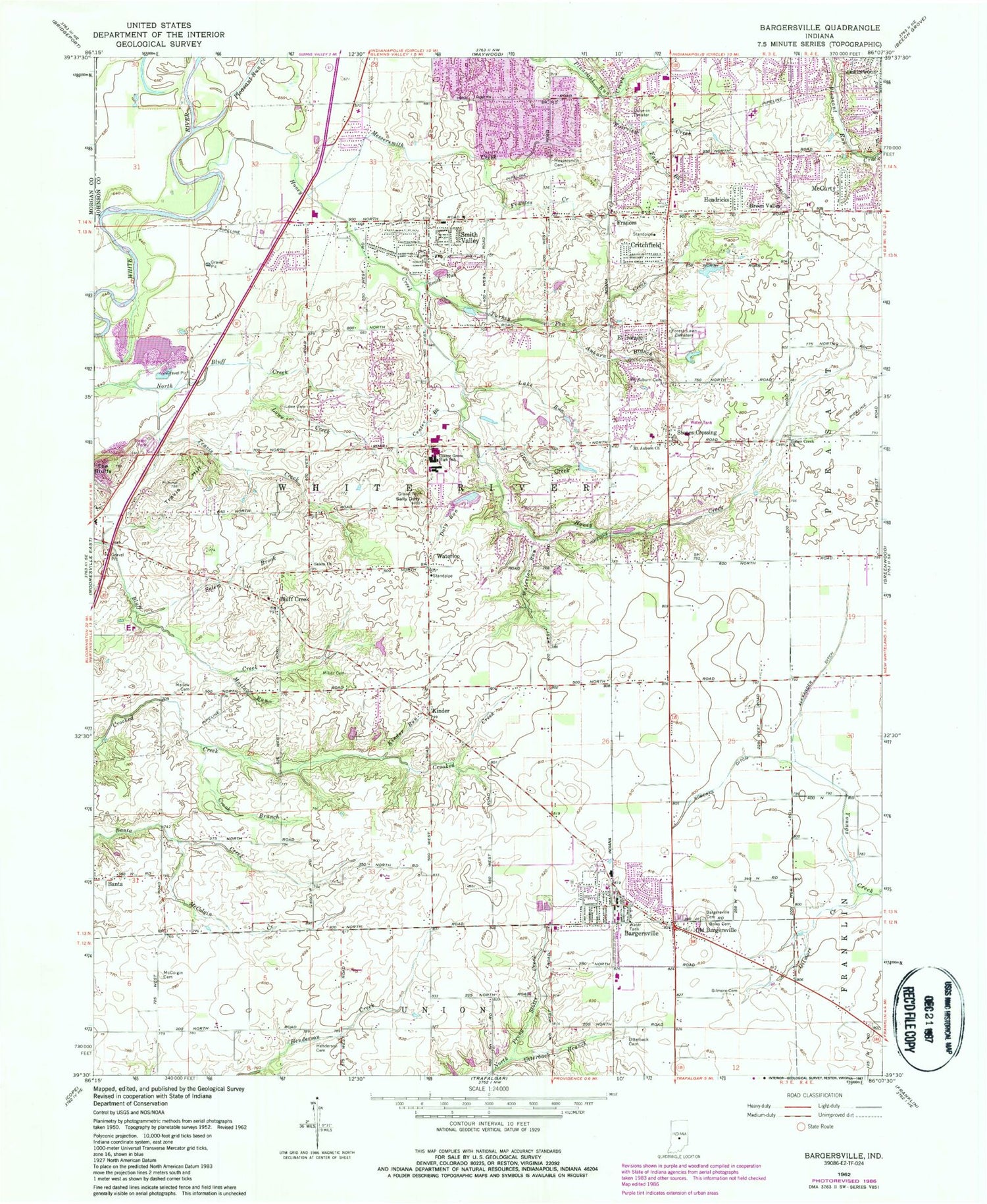 Classic USGS Bargersville Indiana 7.5'x7.5' Topo Map Image