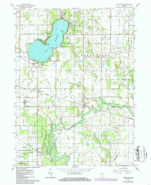Classic USGS Bass Lake Indiana 7.5'x7.5' Topo Map Image