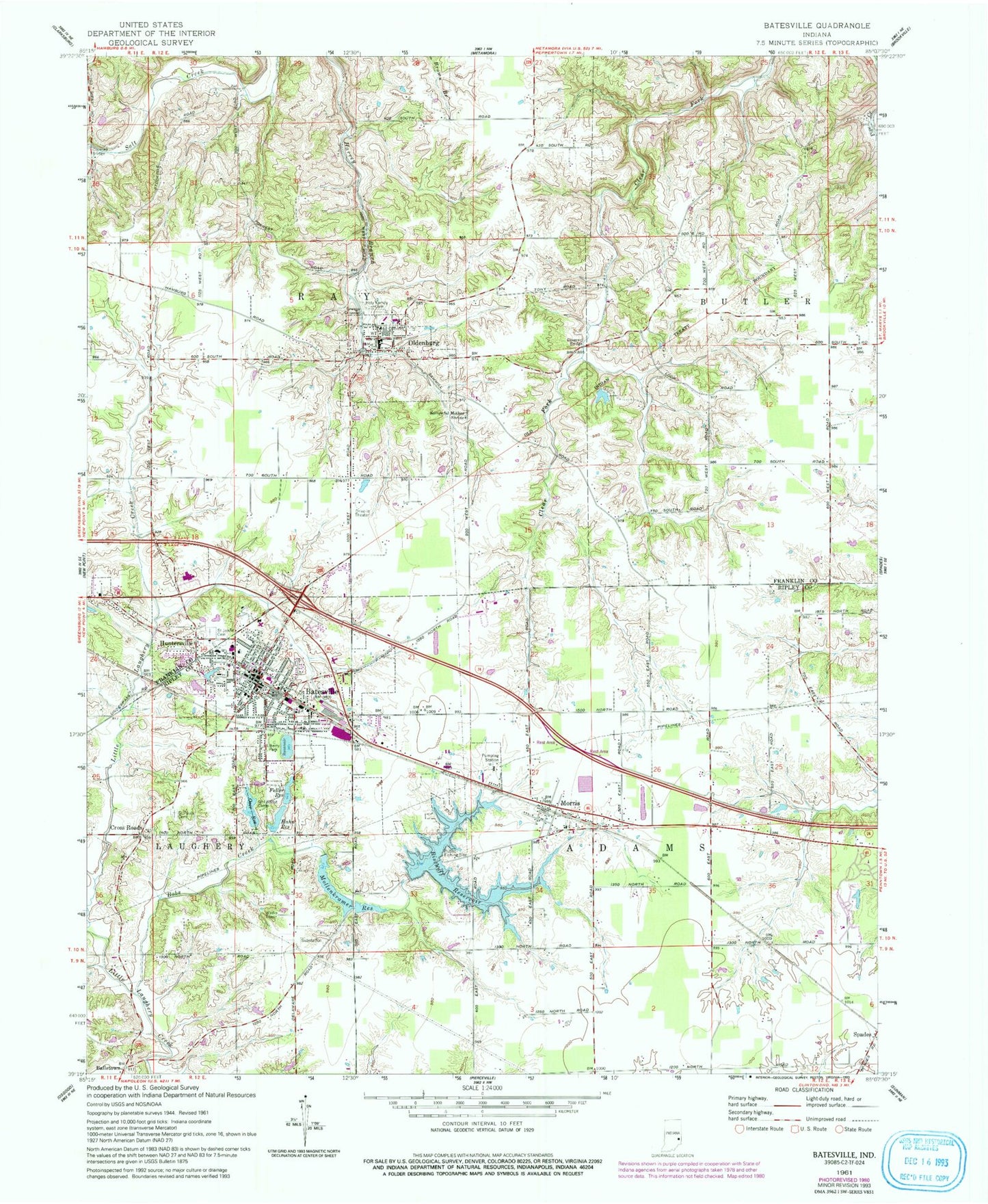 Classic USGS Batesville Indiana 7.5'x7.5' Topo Map Image