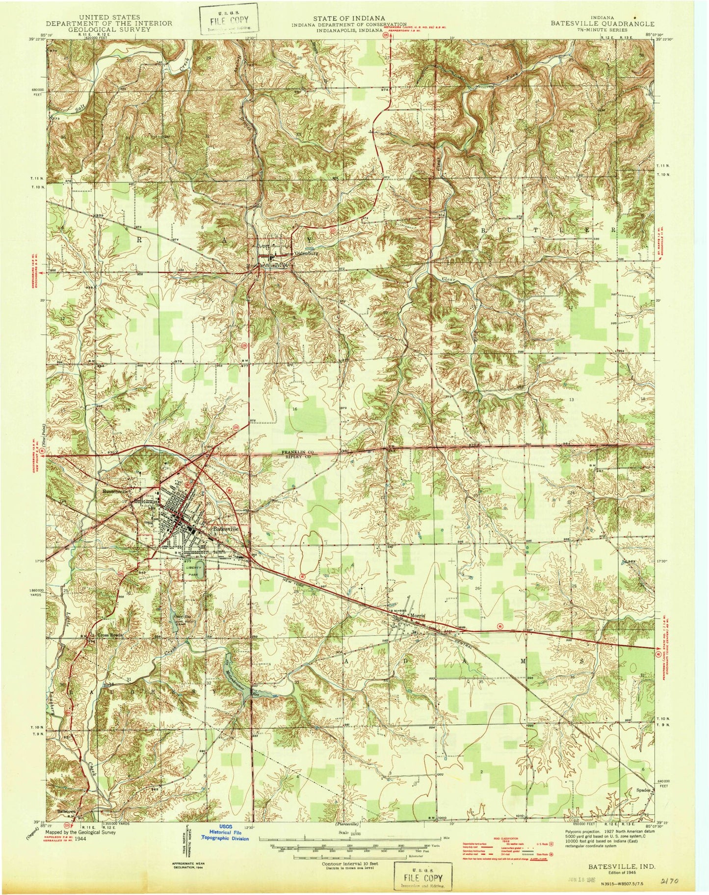Classic USGS Batesville Indiana 7.5'x7.5' Topo Map Image