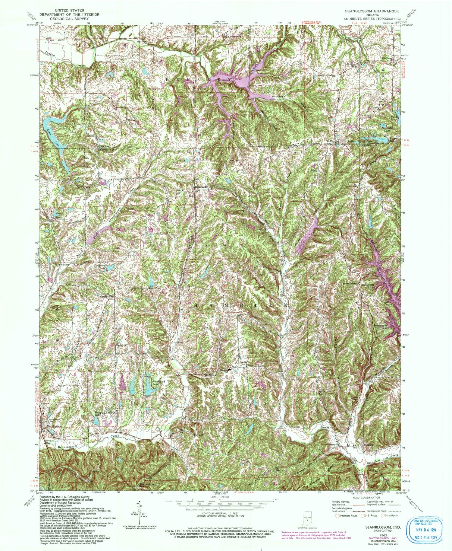 Classic USGS Beanblossom Indiana 7.5'x7.5' Topo Map Image
