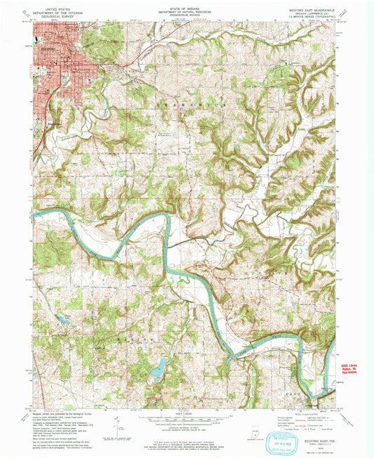 Classic USGS Bedford East Indiana 7.5'x7.5' Topo Map Image