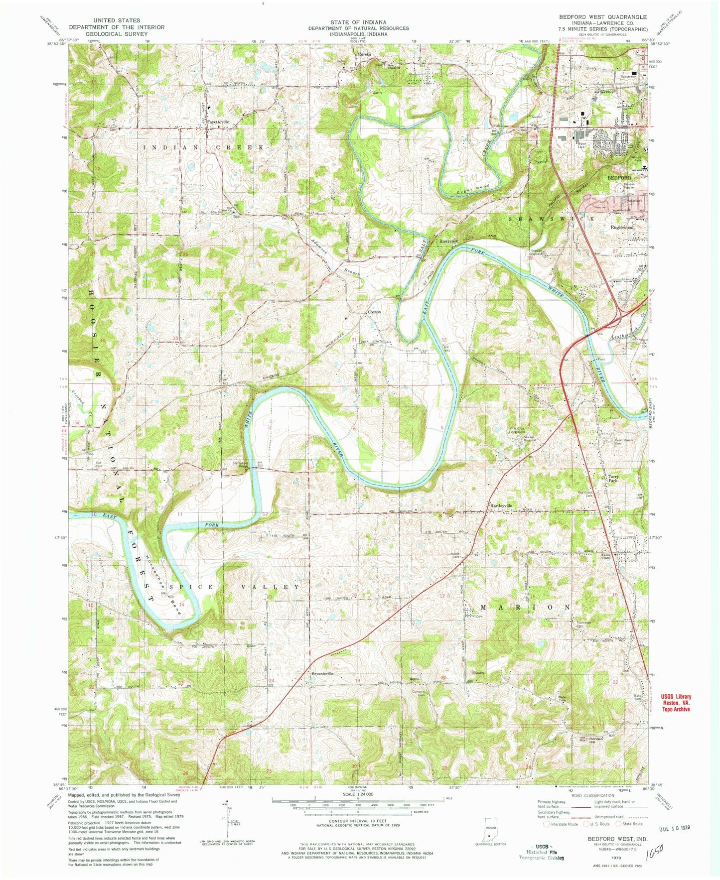 Classic USGS Bedford West Indiana 7.5'x7.5' Topo Map Image