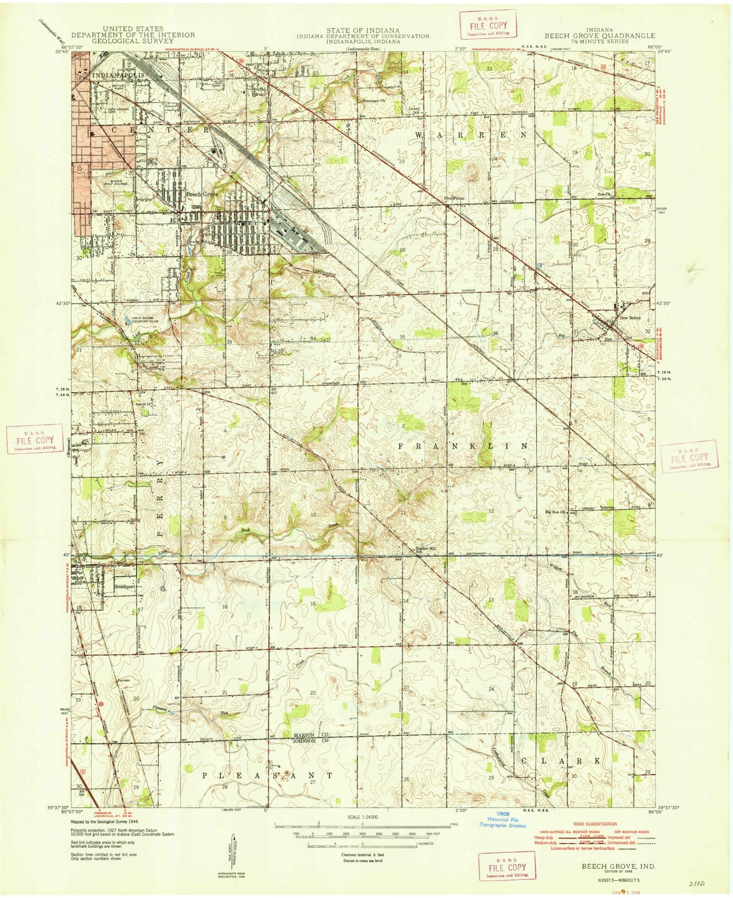 Classic USGS Beech Grove Indiana 7.5'x7.5' Topo Map Image