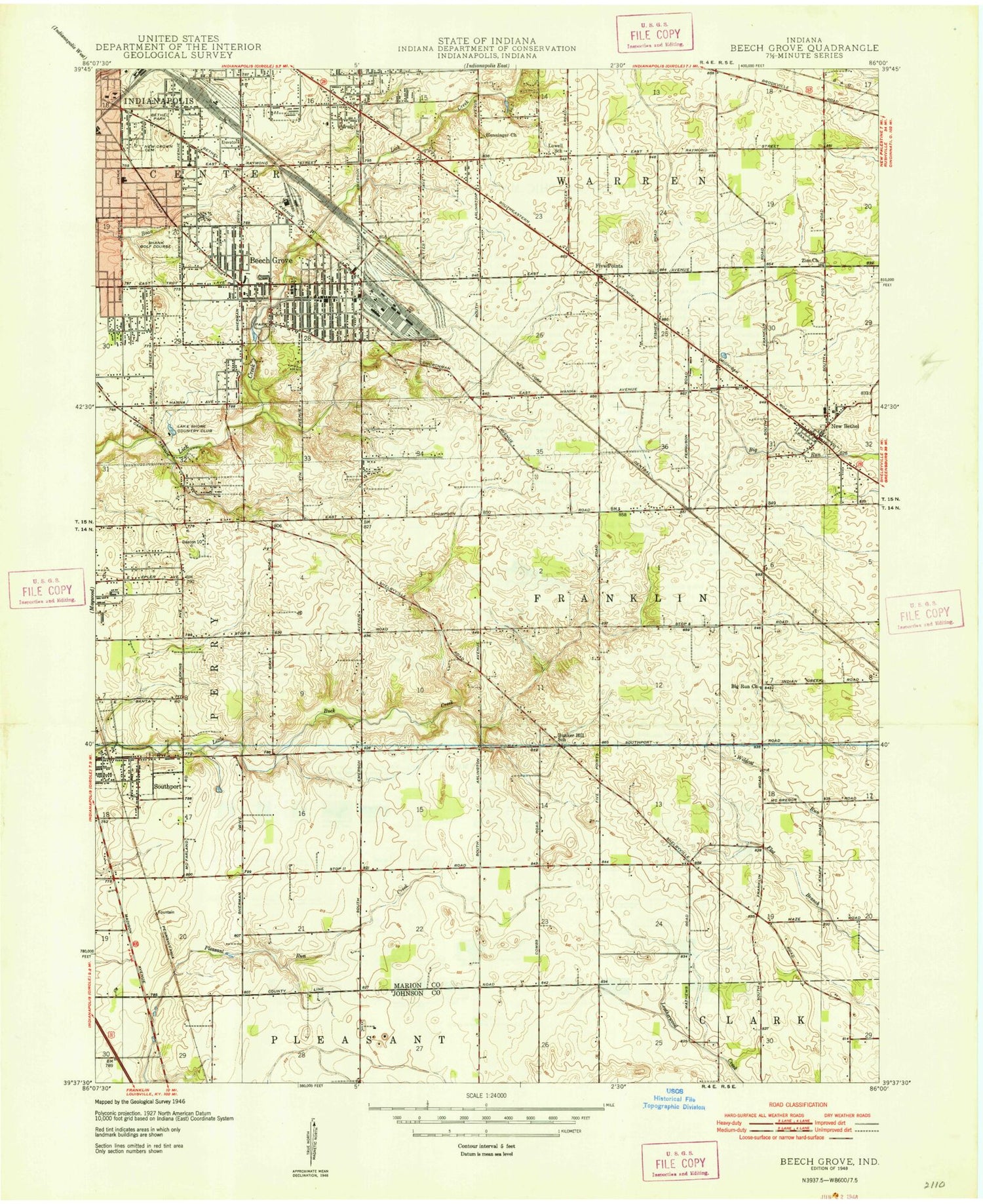 Classic USGS Beech Grove Indiana 7.5'x7.5' Topo Map Image