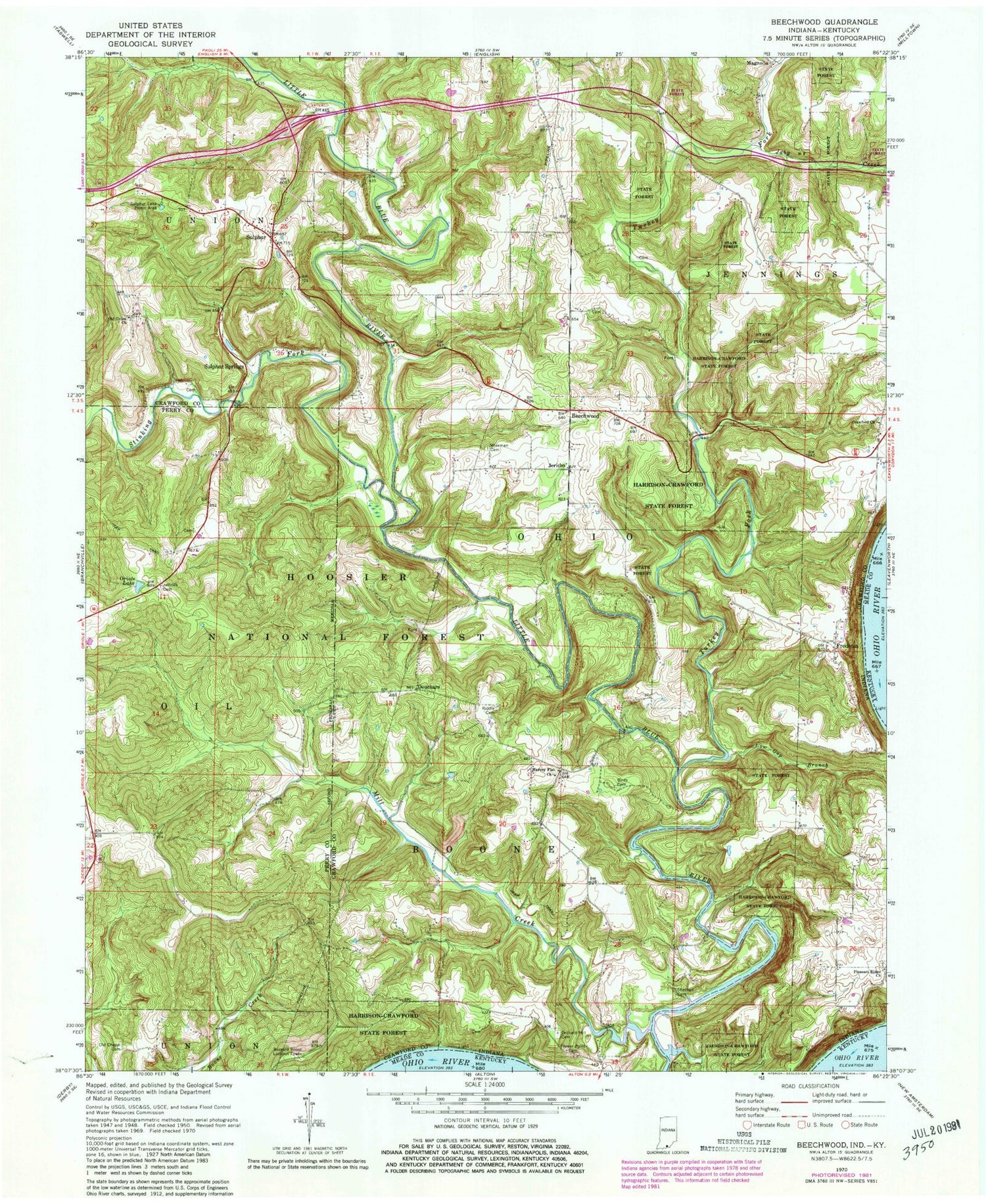 Classic USGS Beechwood Indiana 7.5'x7.5' Topo Map Image