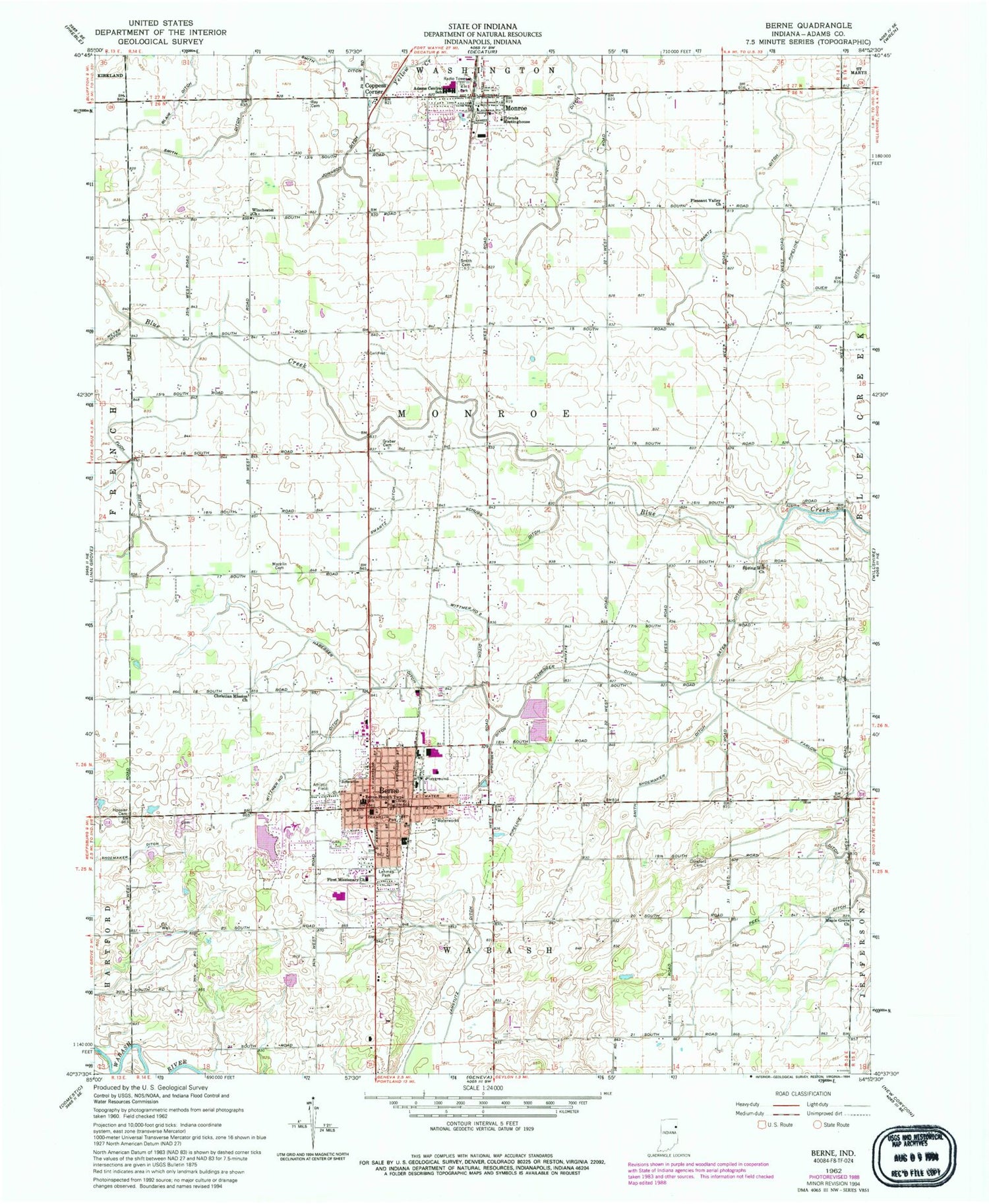 Classic USGS Berne Indiana 7.5'x7.5' Topo Map Image