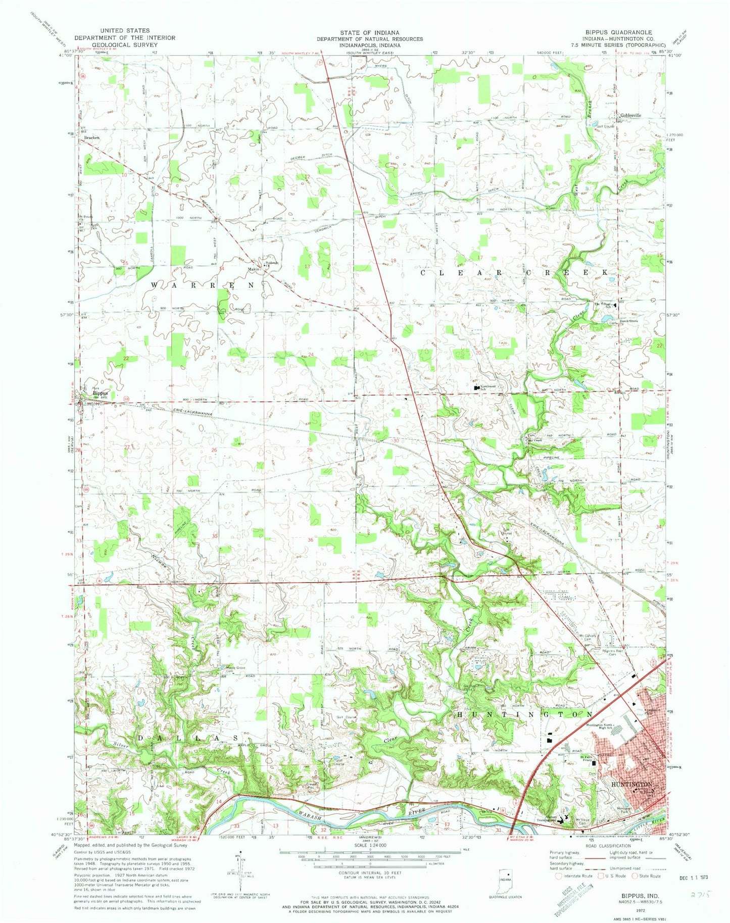 Classic USGS Bippus Indiana 7.5'x7.5' Topo Map Image