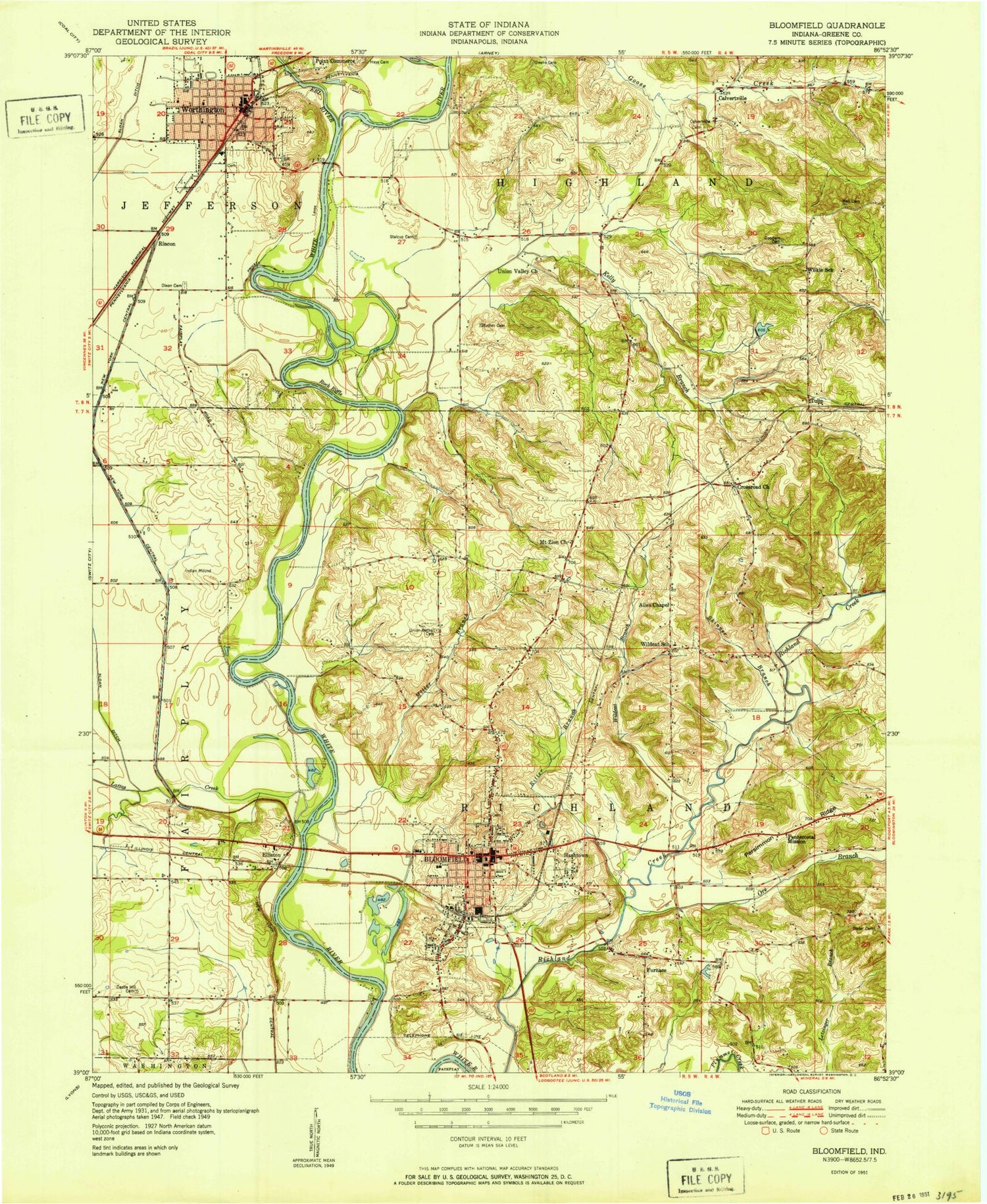 Classic USGS Bloomfield Indiana 7.5'x7.5' Topo Map Image
