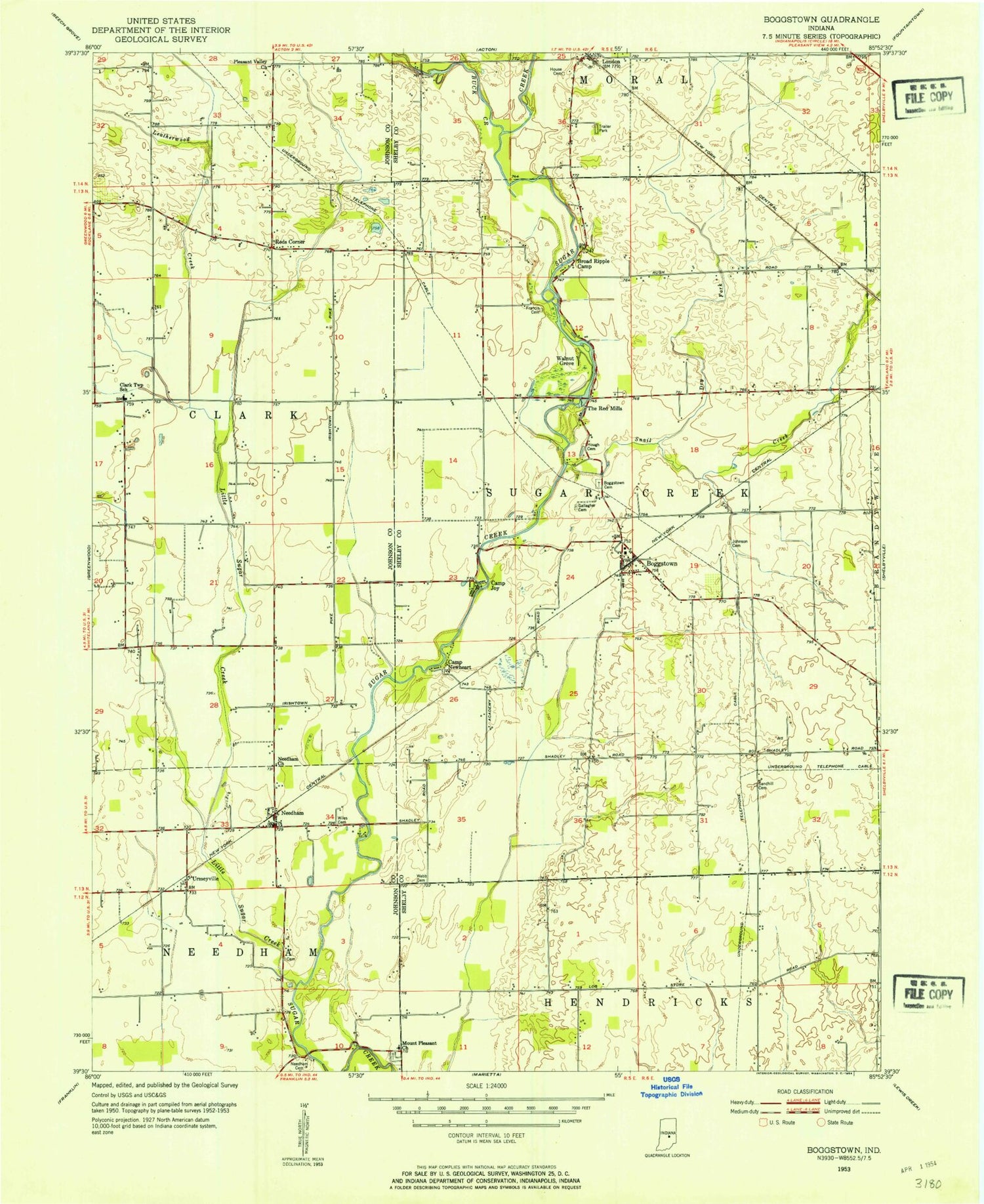 Classic USGS Boggstown Indiana 7.5'x7.5' Topo Map Image