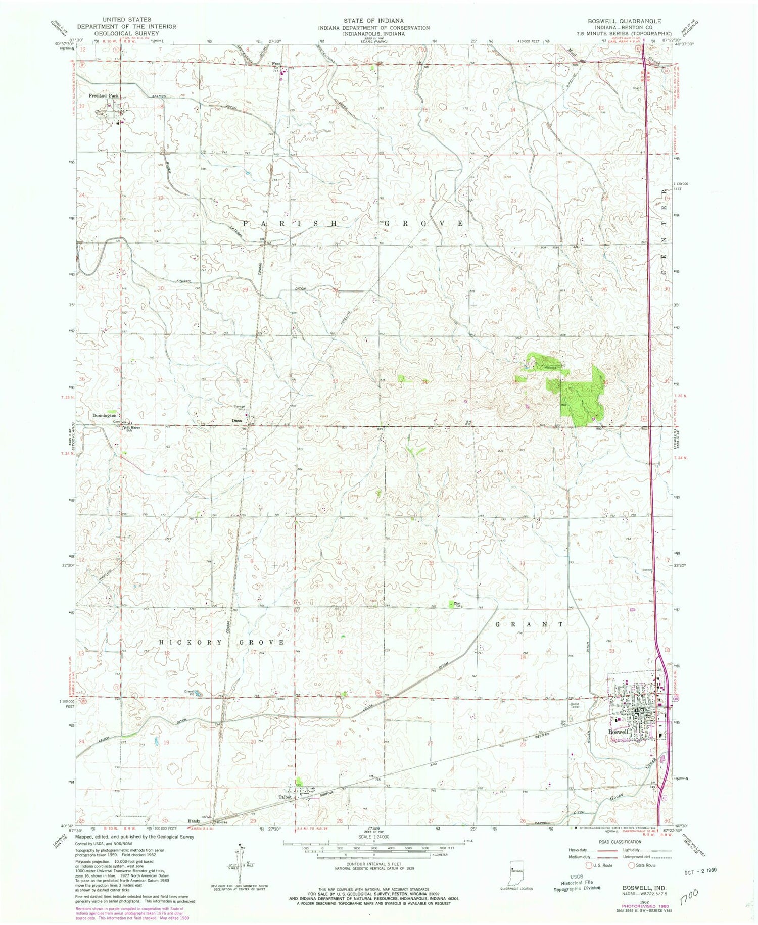 Classic USGS Boswell Indiana 7.5'x7.5' Topo Map Image
