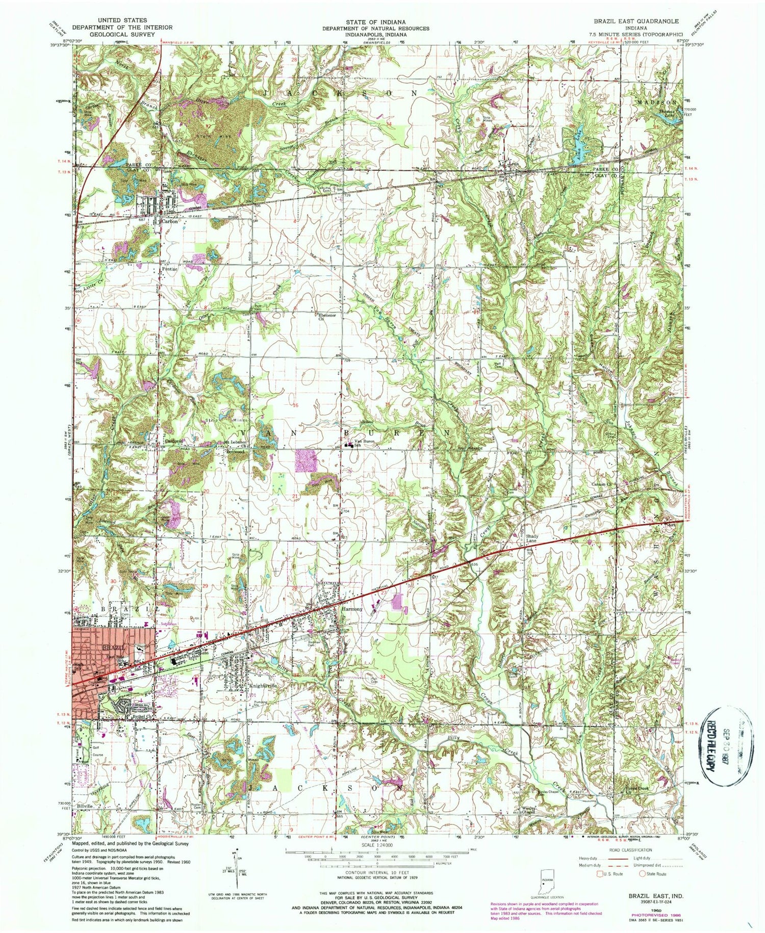 Classic USGS Brazil East Indiana 7.5'x7.5' Topo Map Image