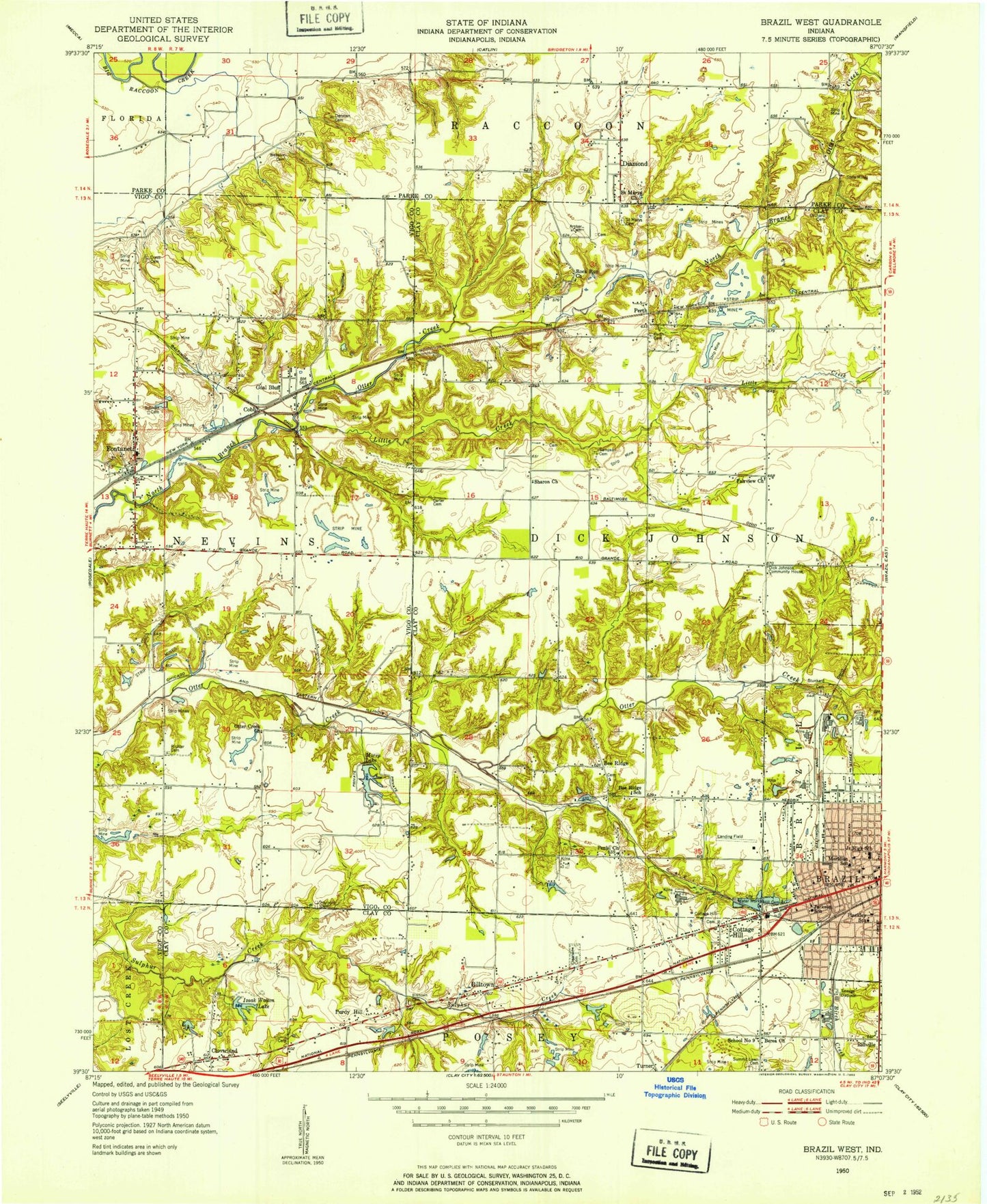 Classic USGS Brazil West Indiana 7.5'x7.5' Topo Map Image