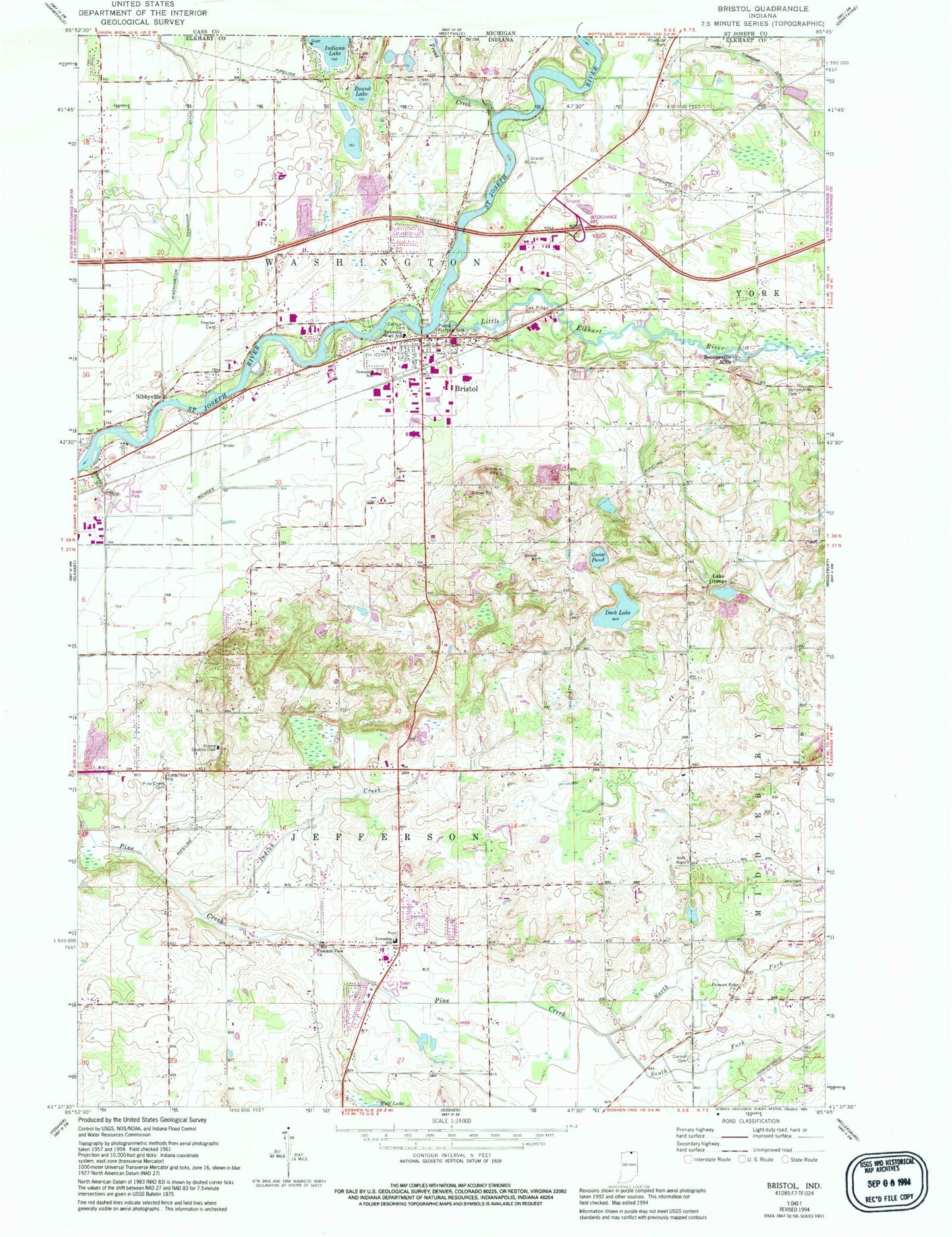 Classic USGS Bristol Indiana 7.5'x7.5' Topo Map Image