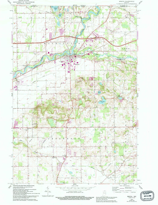 Classic USGS Bristol Indiana 7.5'x7.5' Topo Map Image