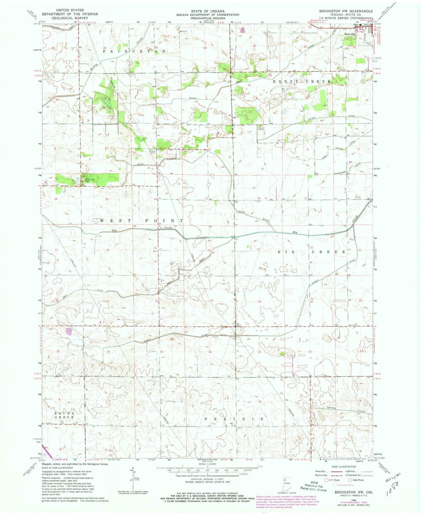 Classic USGS Brookston NW Indiana 7.5'x7.5' Topo Map Image