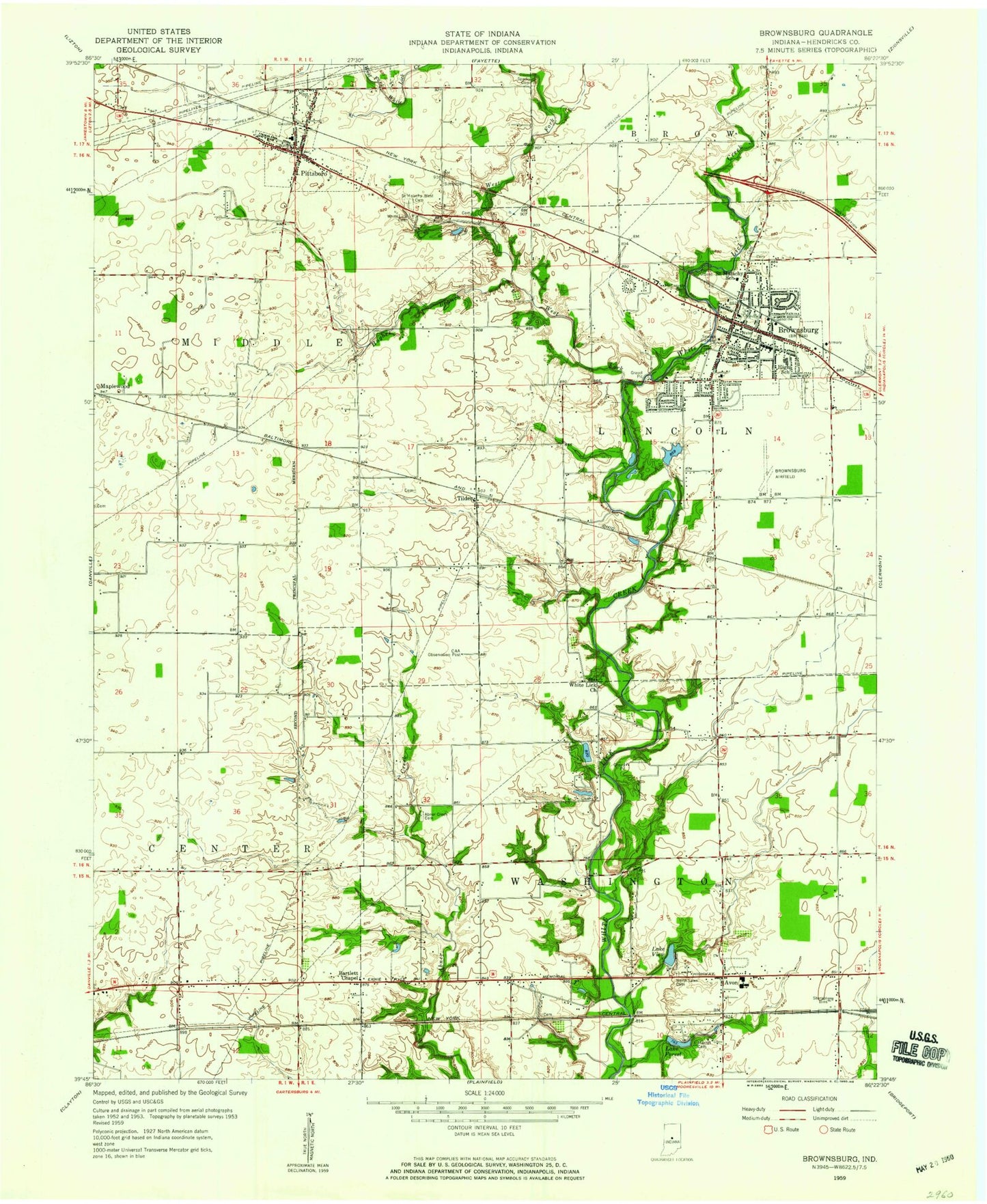 Classic USGS Brownsburg Indiana 7.5'x7.5' Topo Map Image