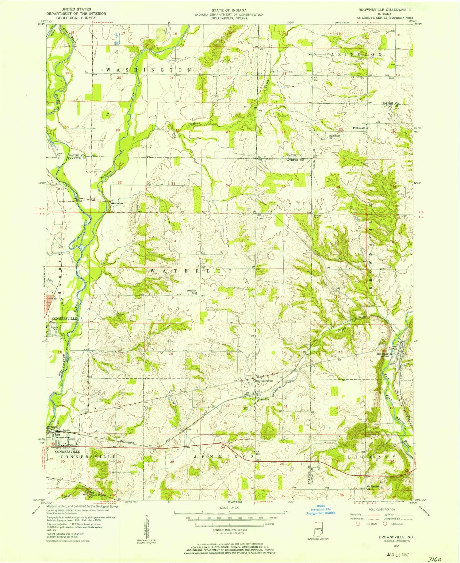 Classic USGS Brownsville Indiana 7.5'x7.5' Topo Map Image