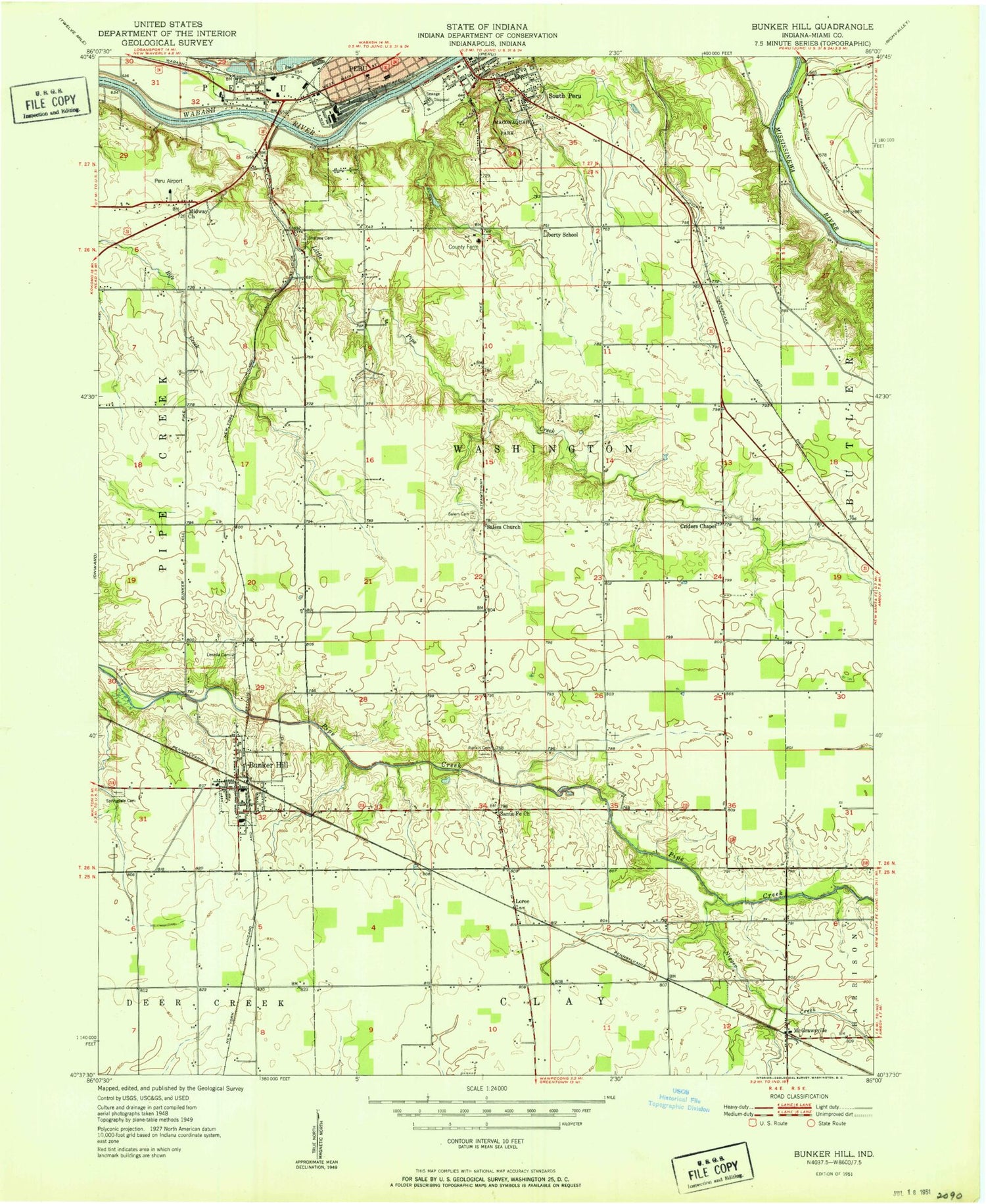 Classic USGS Bunker Hill Indiana 7.5'x7.5' Topo Map Image