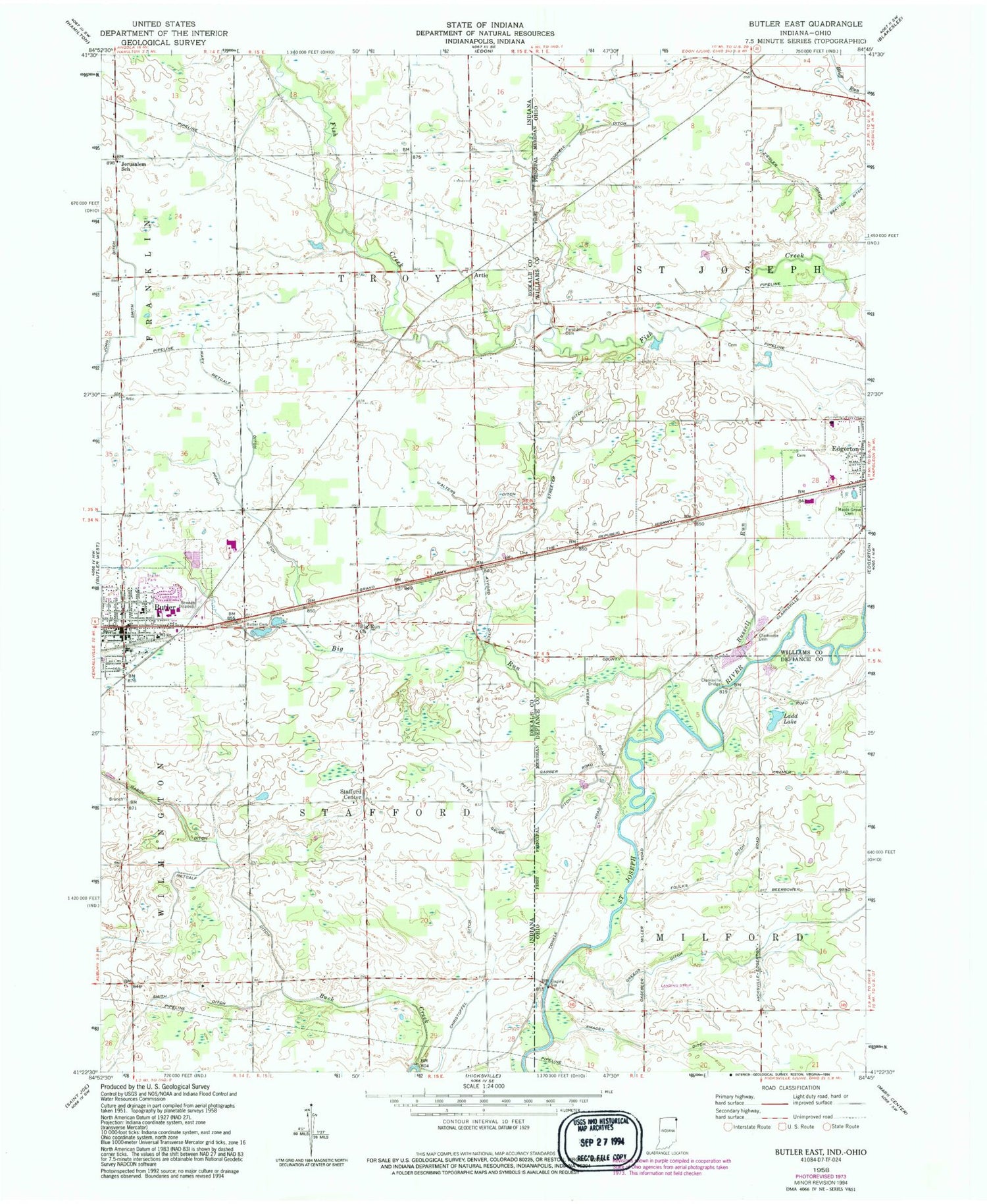 Classic USGS Butler East Indiana 7.5'x7.5' Topo Map – MyTopo Map Store