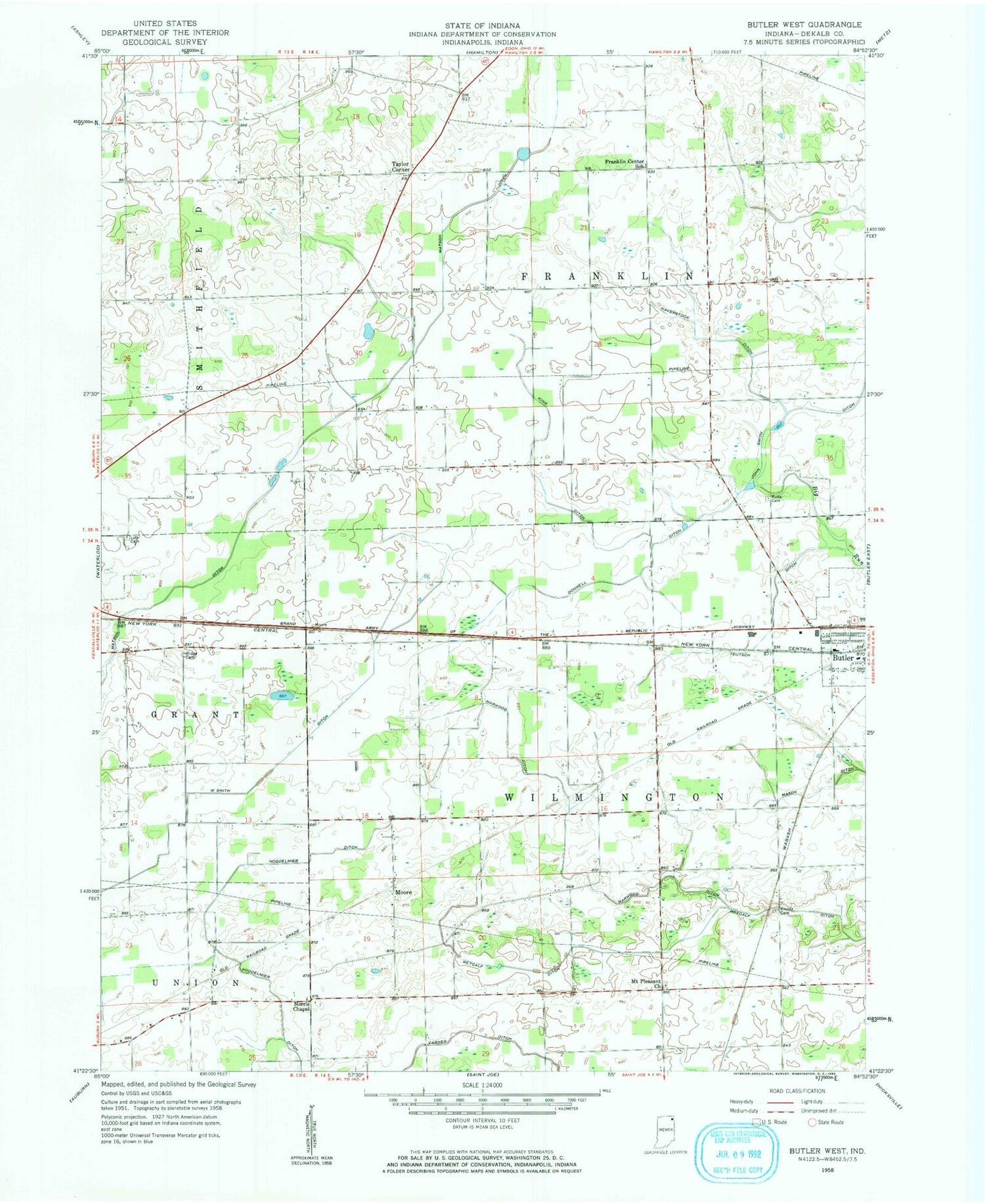 Classic USGS Butler West Indiana 7.5'x7.5' Topo Map Image