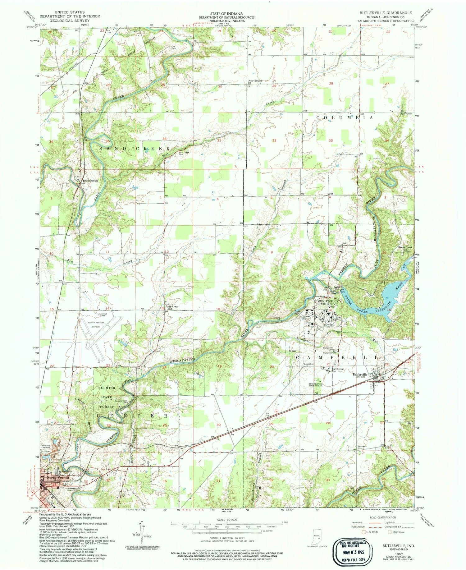 Classic USGS Butlerville Indiana 7.5'x7.5' Topo Map Image
