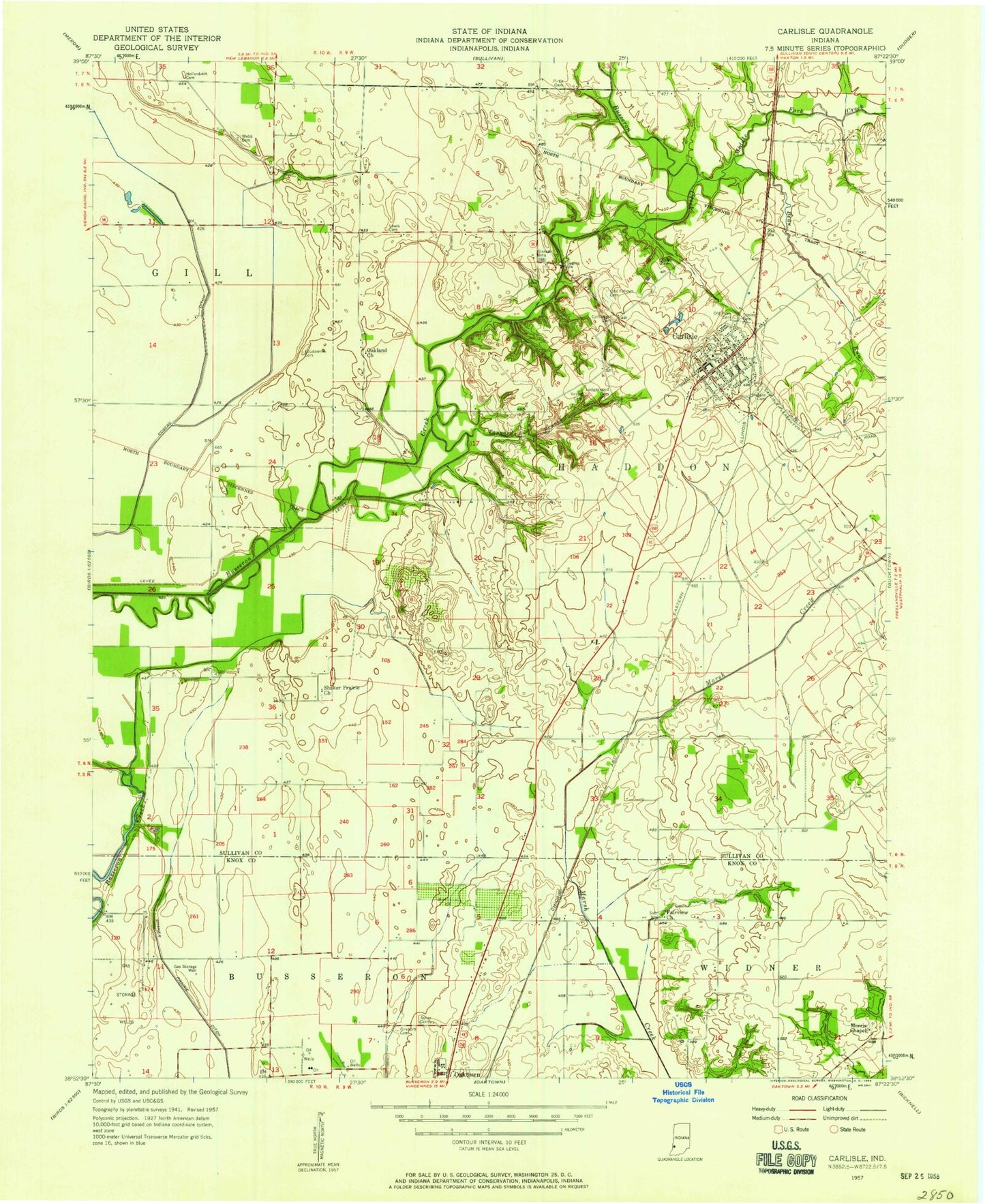 Classic USGS Carlisle Indiana 7.5'x7.5' Topo Map Image