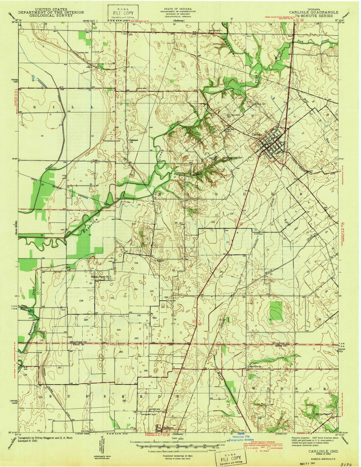 Classic USGS Carlisle Indiana 7.5'x7.5' Topo Map Image