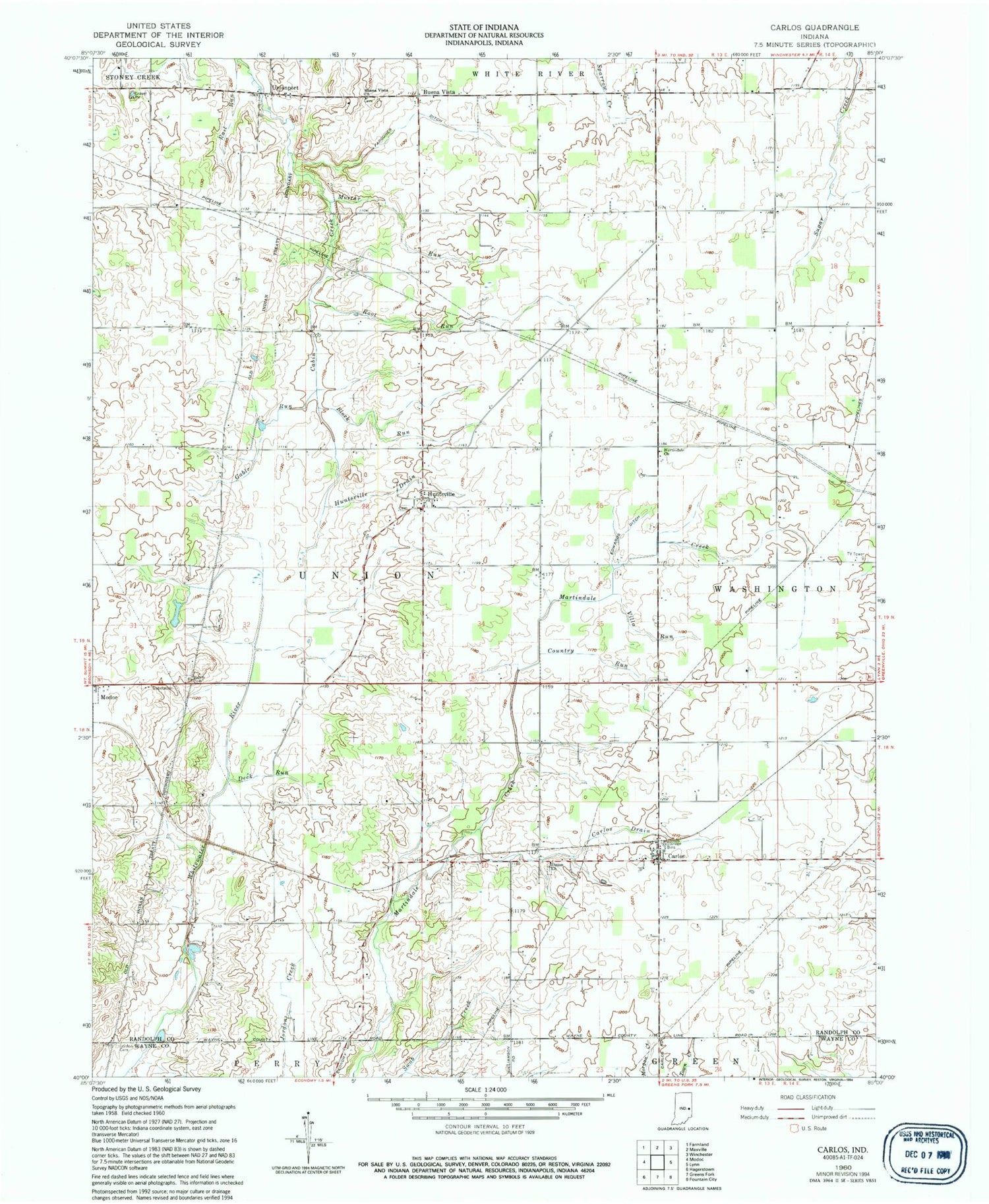 Classic USGS Carlos Indiana 7.5'x7.5' Topo Map Image