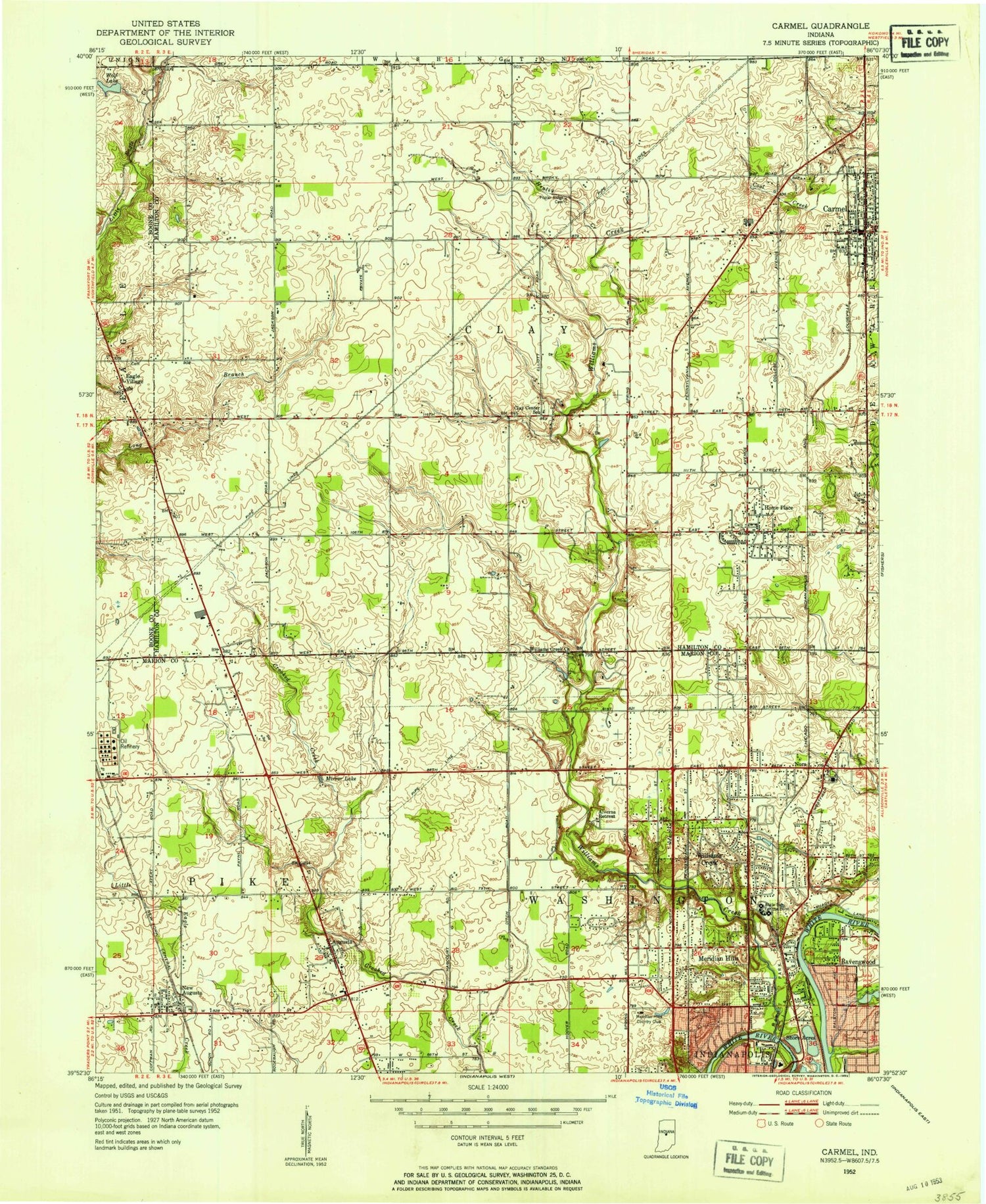 Classic USGS Carmel Indiana 7.5'x7.5' Topo Map Image