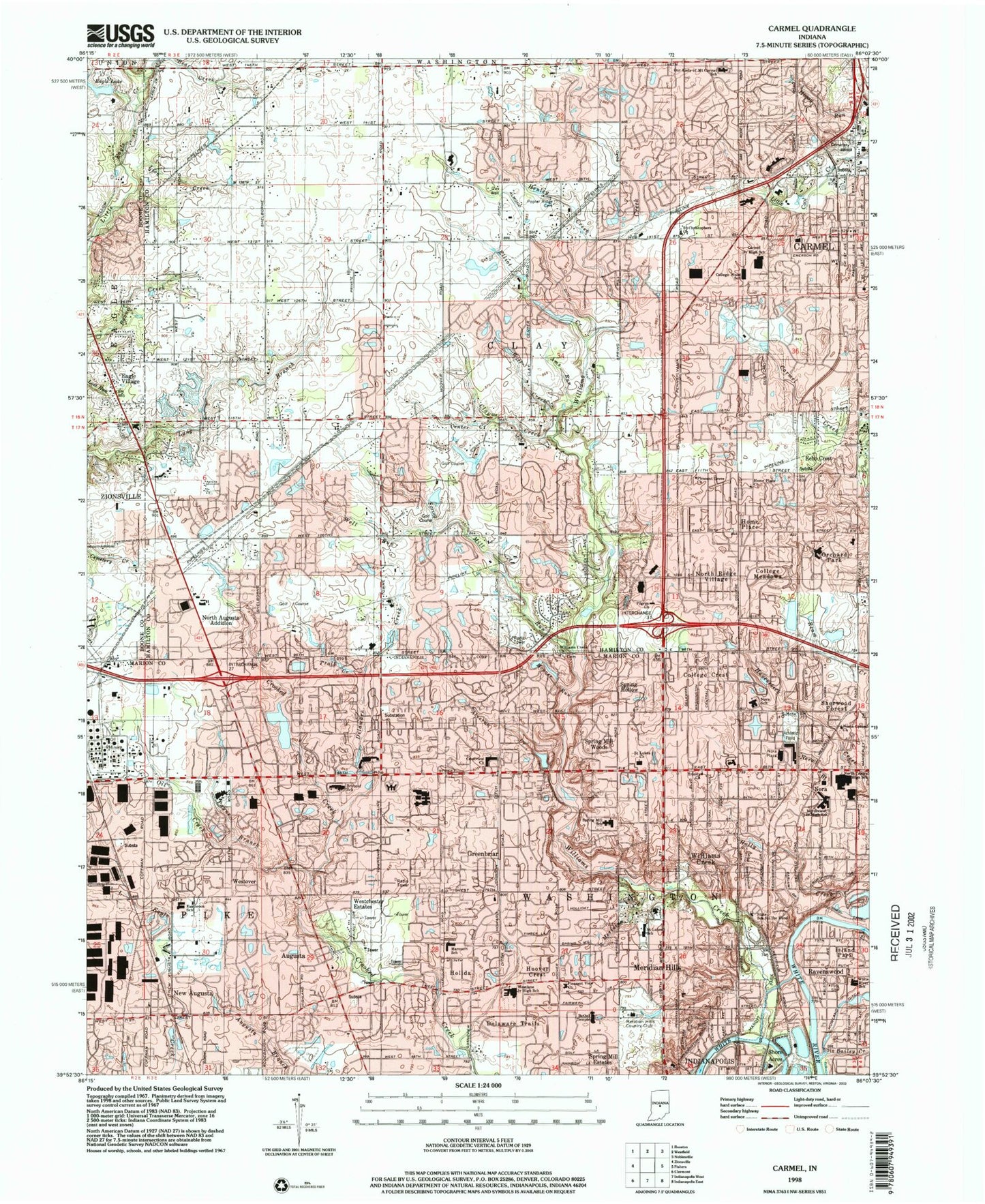 Classic USGS Carmel Indiana 7.5'x7.5' Topo Map Image