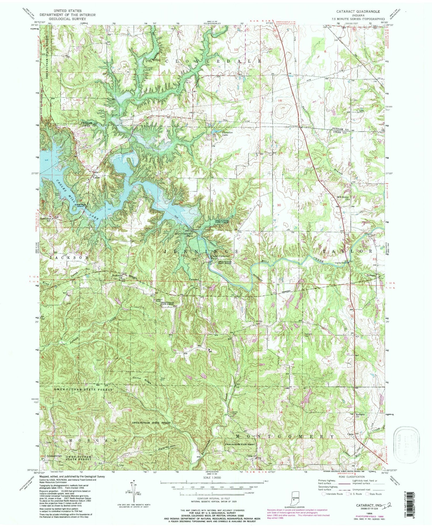 Classic USGS Cataract Indiana 7.5'x7.5' Topo Map Image