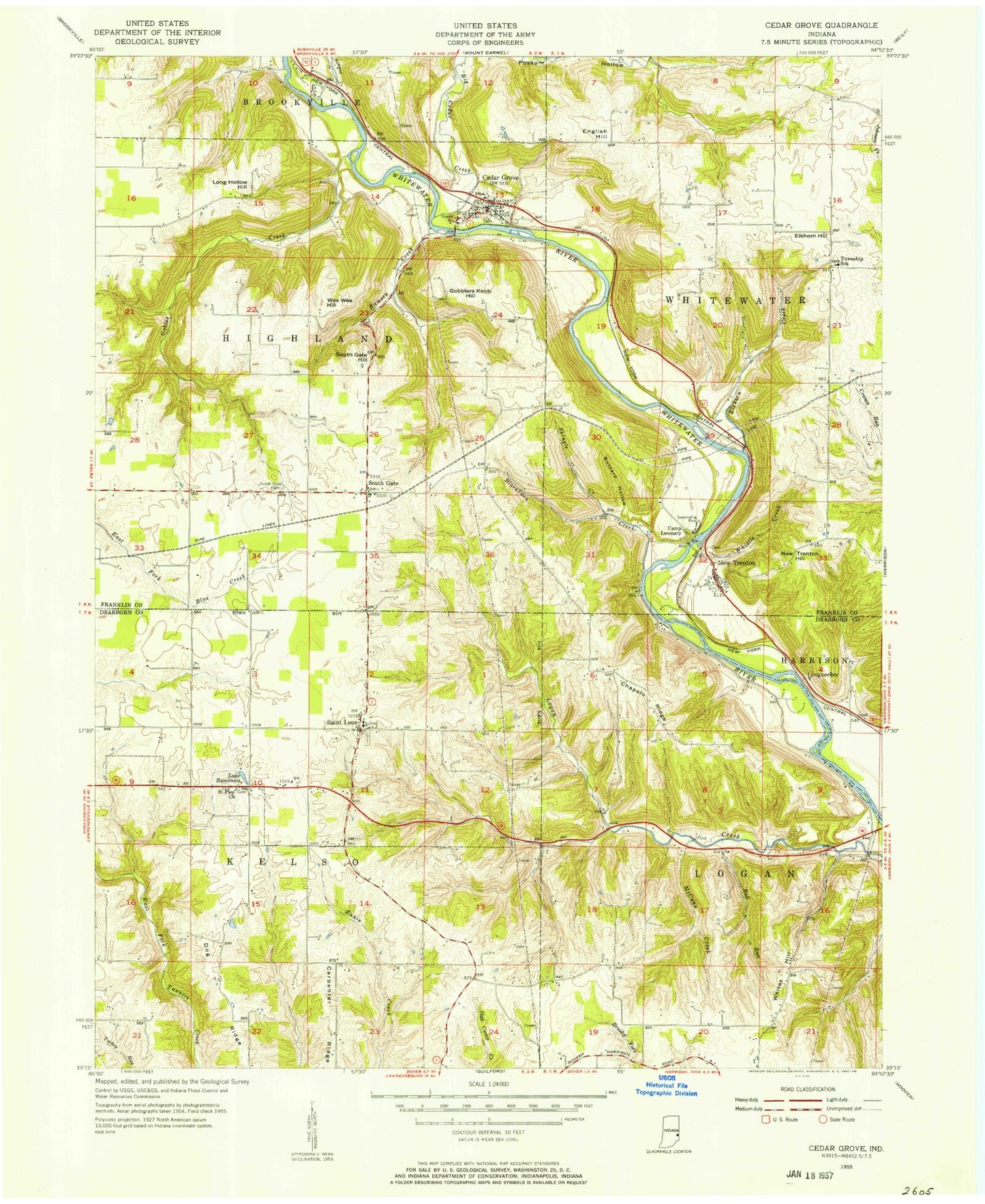 Classic USGS Cedar Grove Indiana 7.5'x7.5' Topo Map Image