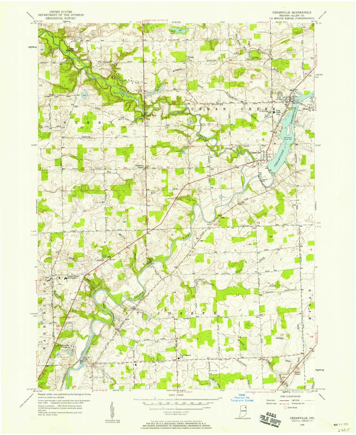 Classic USGS Cedarville Indiana 7.5'x7.5' Topo Map Image