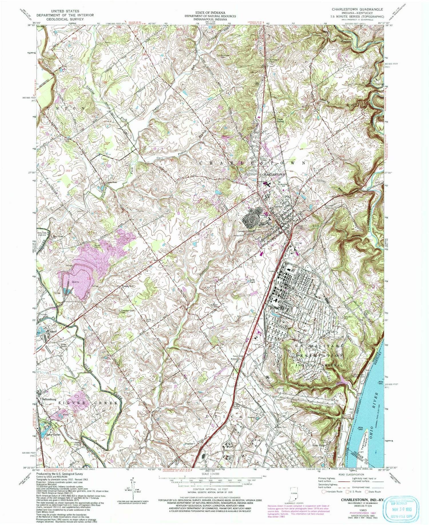 Classic USGS Charlestown Indiana 7.5'x7.5' Topo Map Image