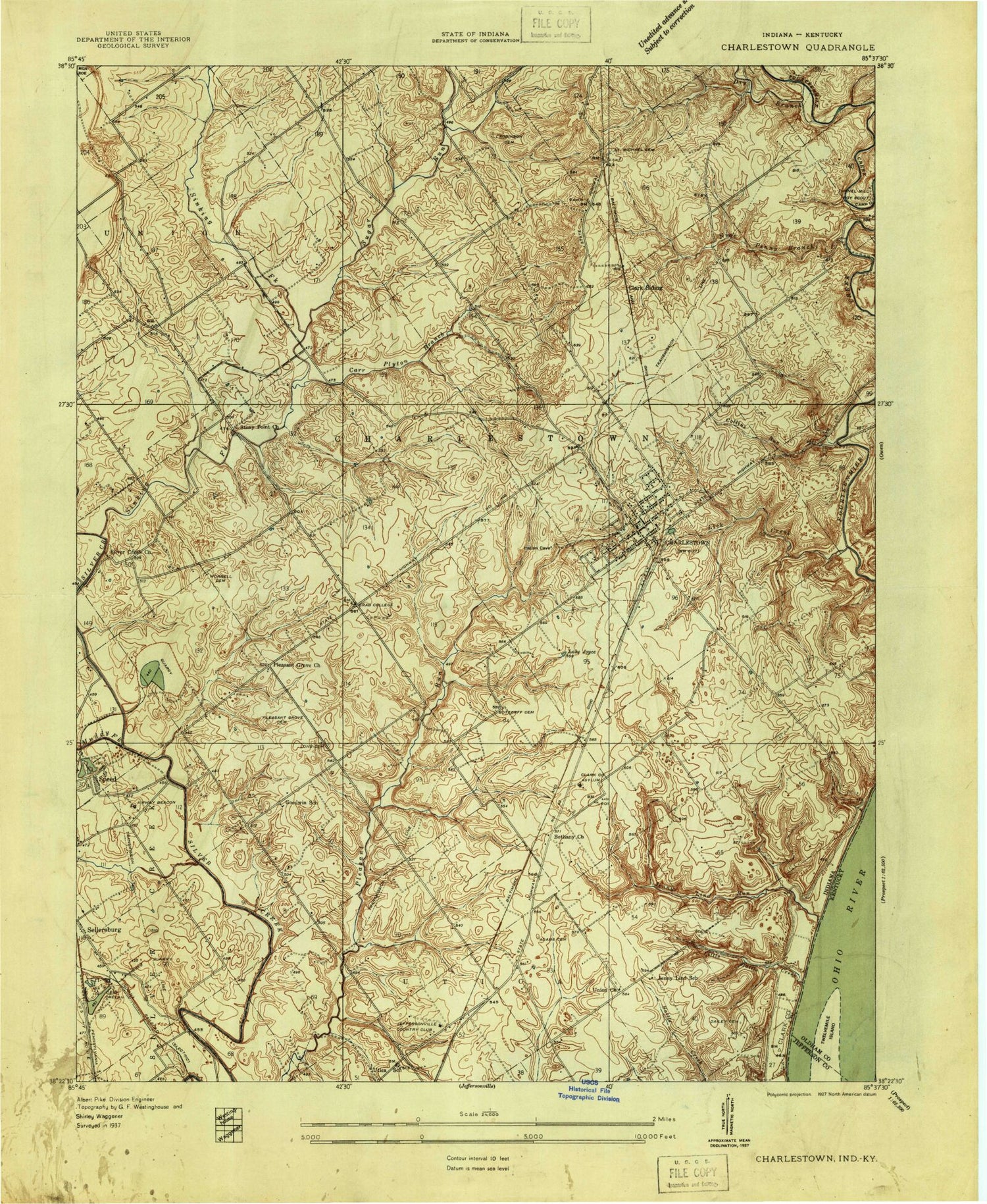 Classic USGS Charlestown Indiana 7.5'x7.5' Topo Map Image