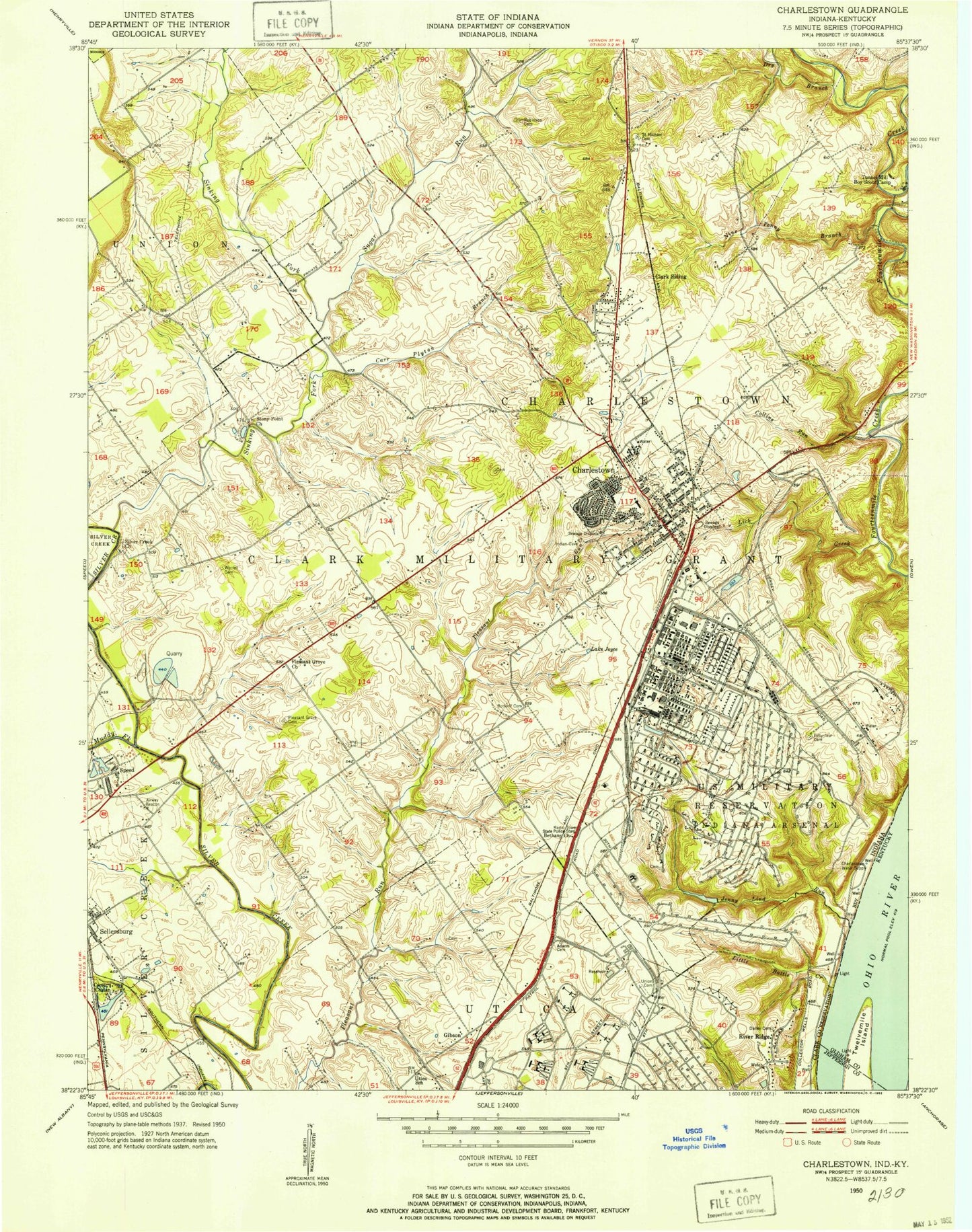 Classic USGS Charlestown Indiana 7.5'x7.5' Topo Map Image