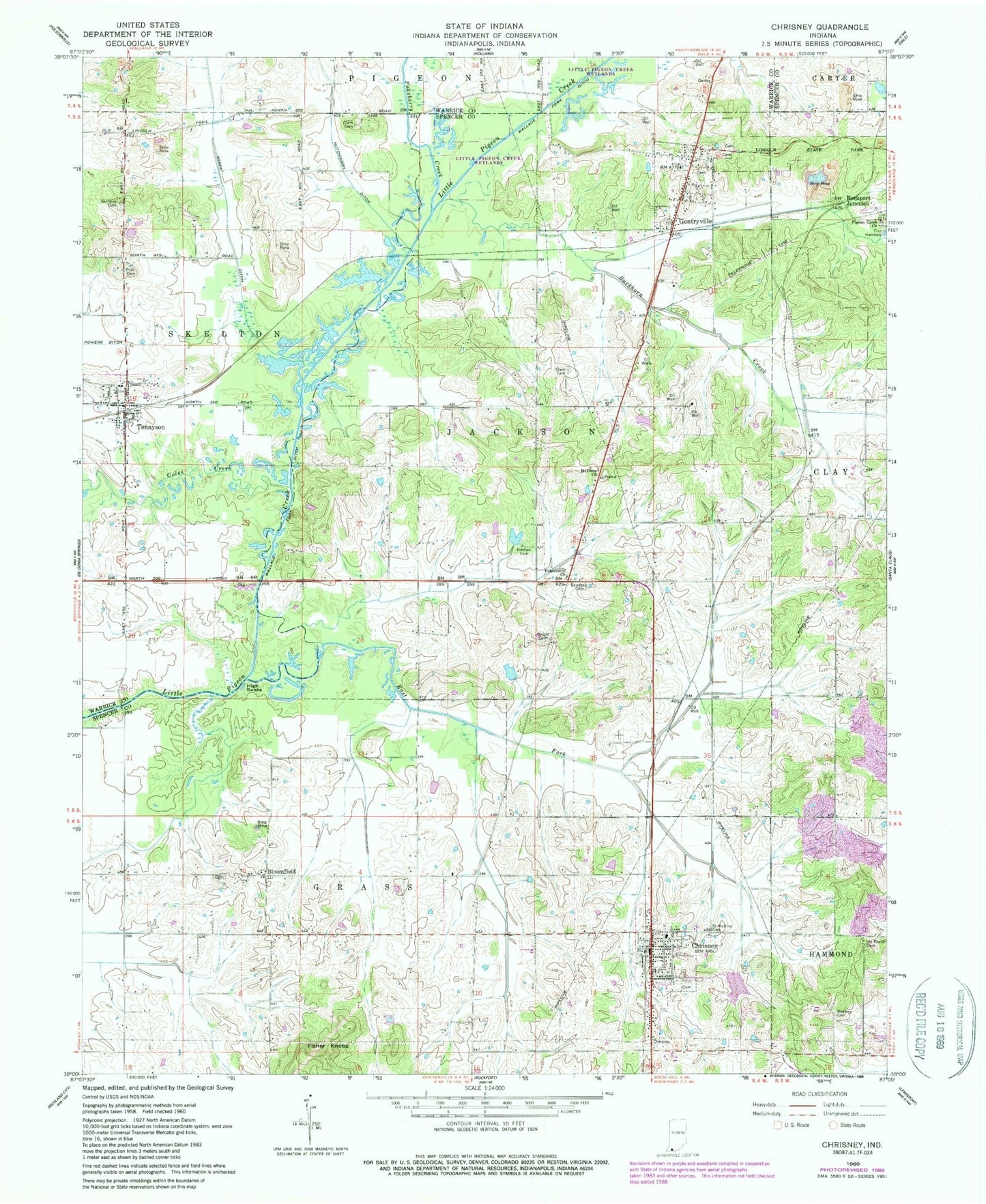 Classic USGS Chrisney Indiana 7.5'x7.5' Topo Map Image