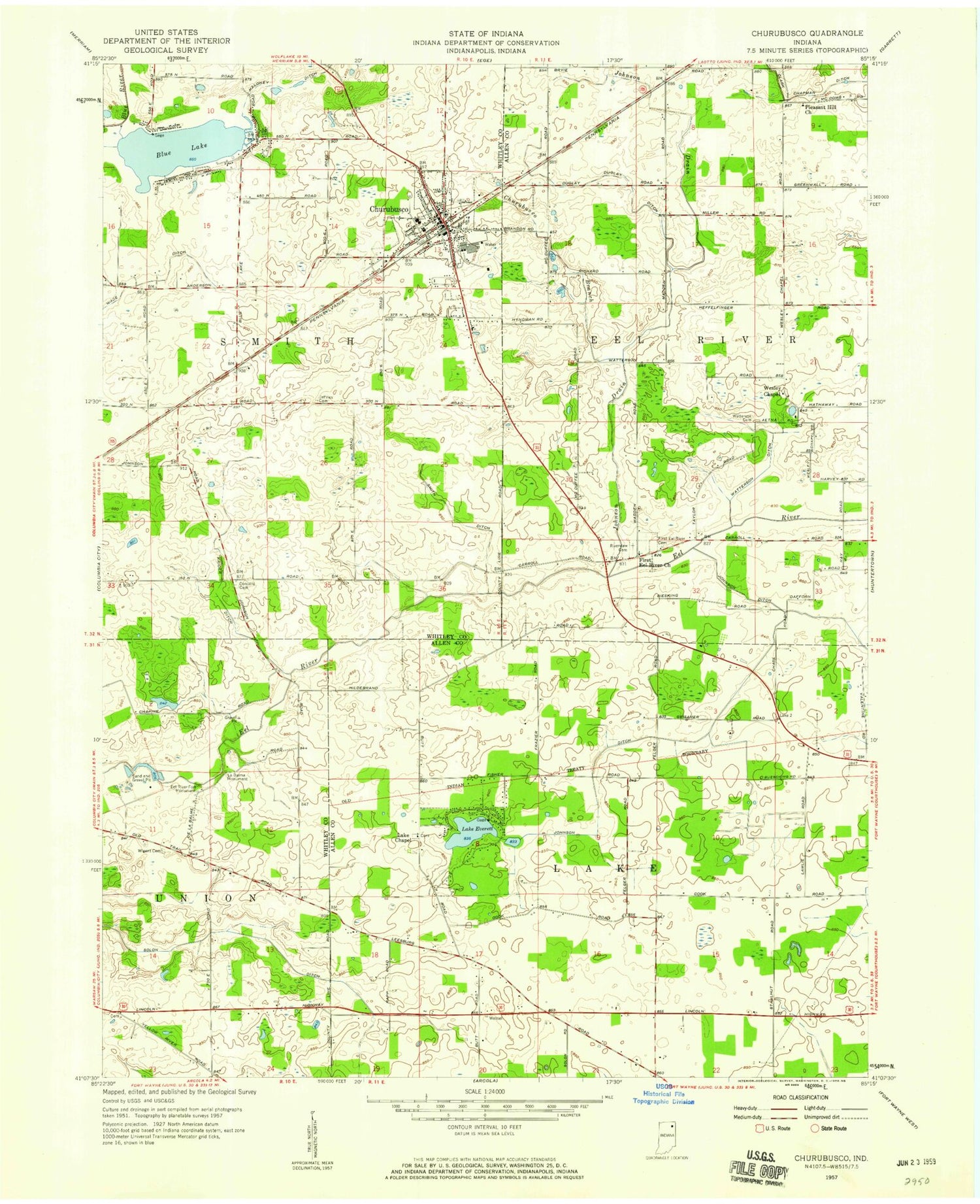 Classic USGS Churubusco Indiana 7.5'x7.5' Topo Map Image