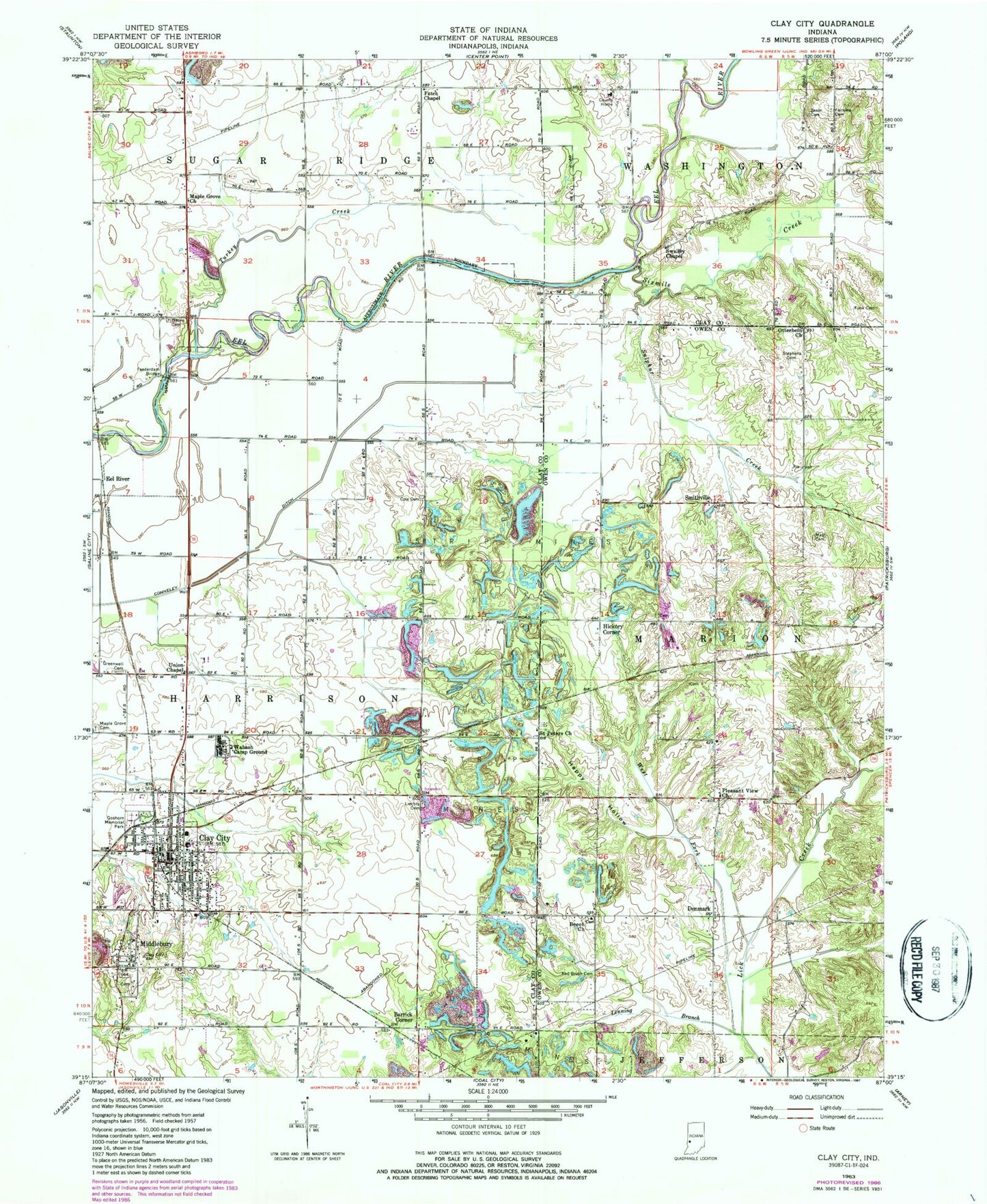 Classic USGS Clay City Indiana 7.5'x7.5' Topo Map Image