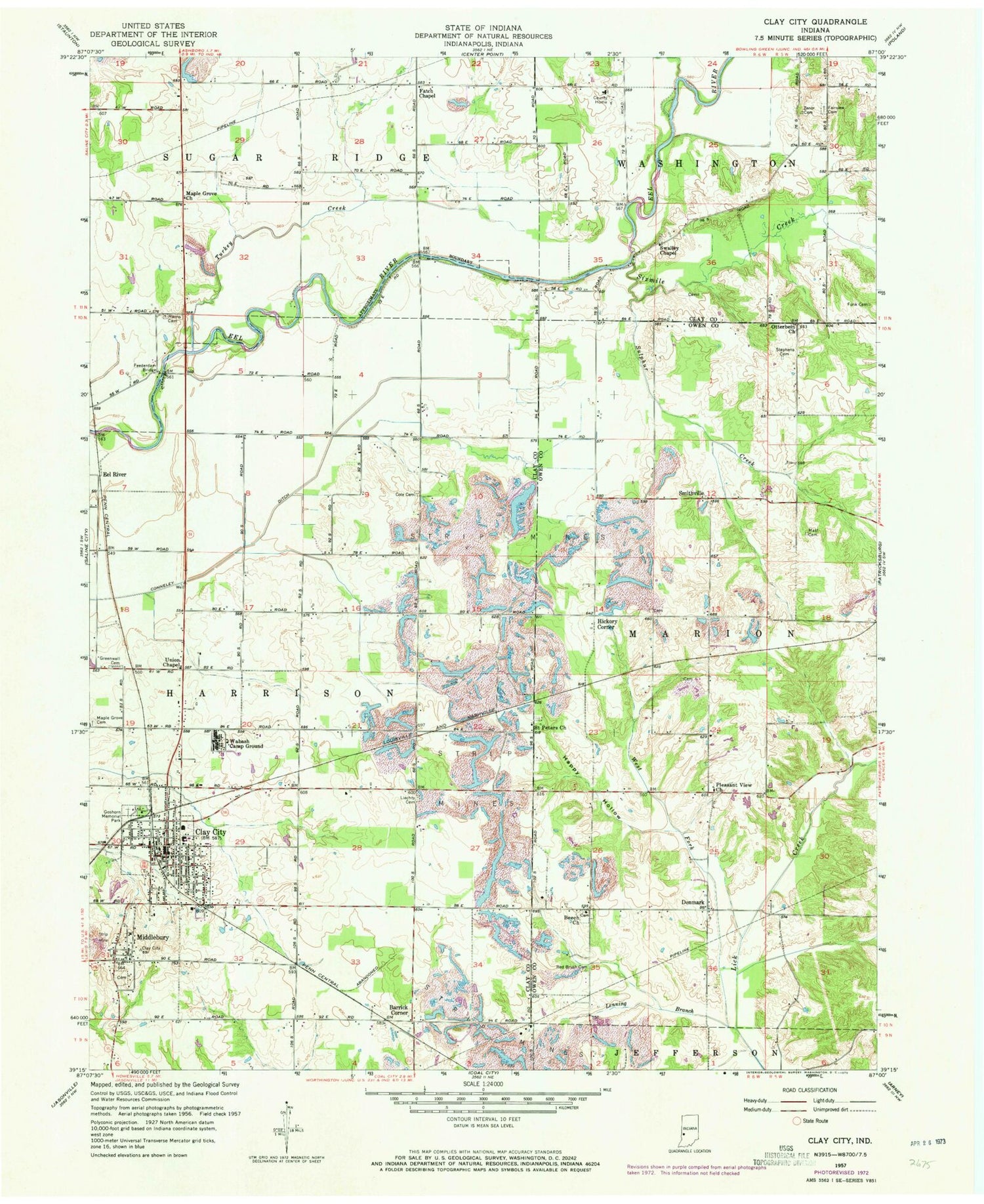 Classic USGS Clay City Indiana 7.5'x7.5' Topo Map Image